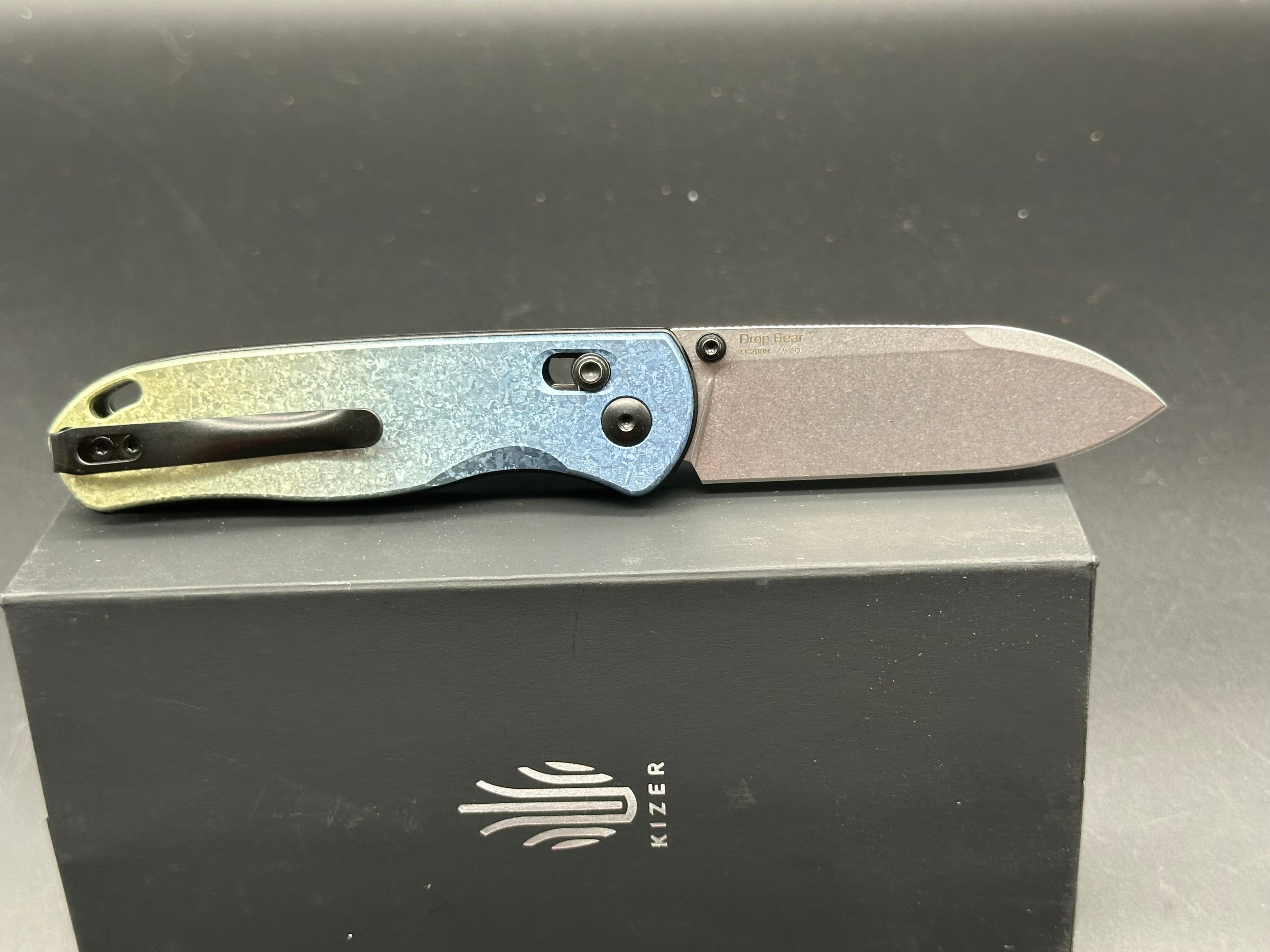 Kizer Azo Drop Bear Clutch Lock Knife Titanium (3" Stonewash)