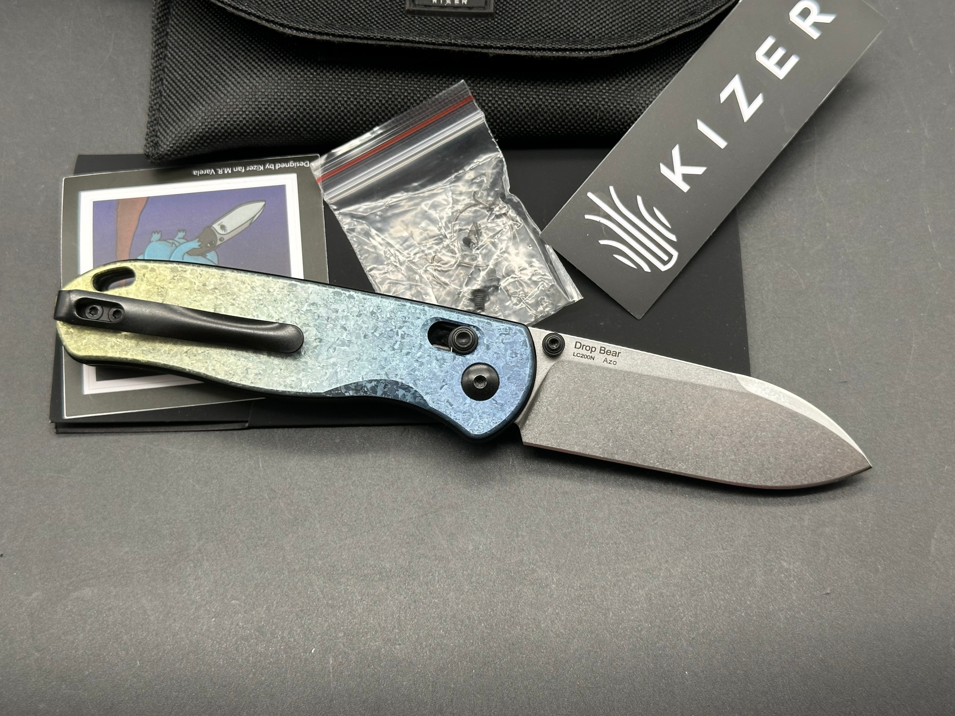 Kizer Azo Drop Bear Clutch Lock Knife Titanium (3" Stonewash)