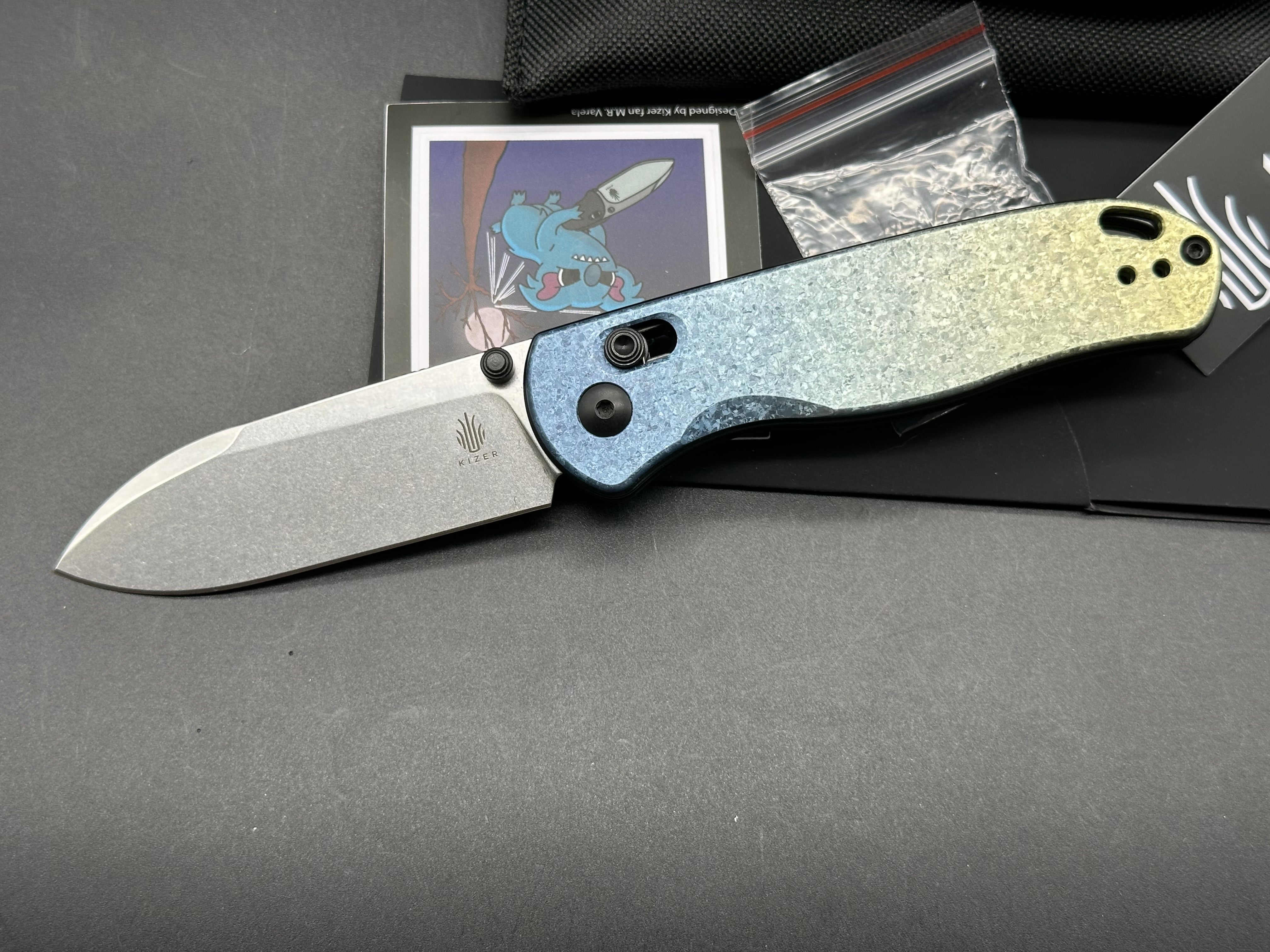 Kizer Azo Drop Bear Clutch Lock Knife Titanium (3" Stonewash)