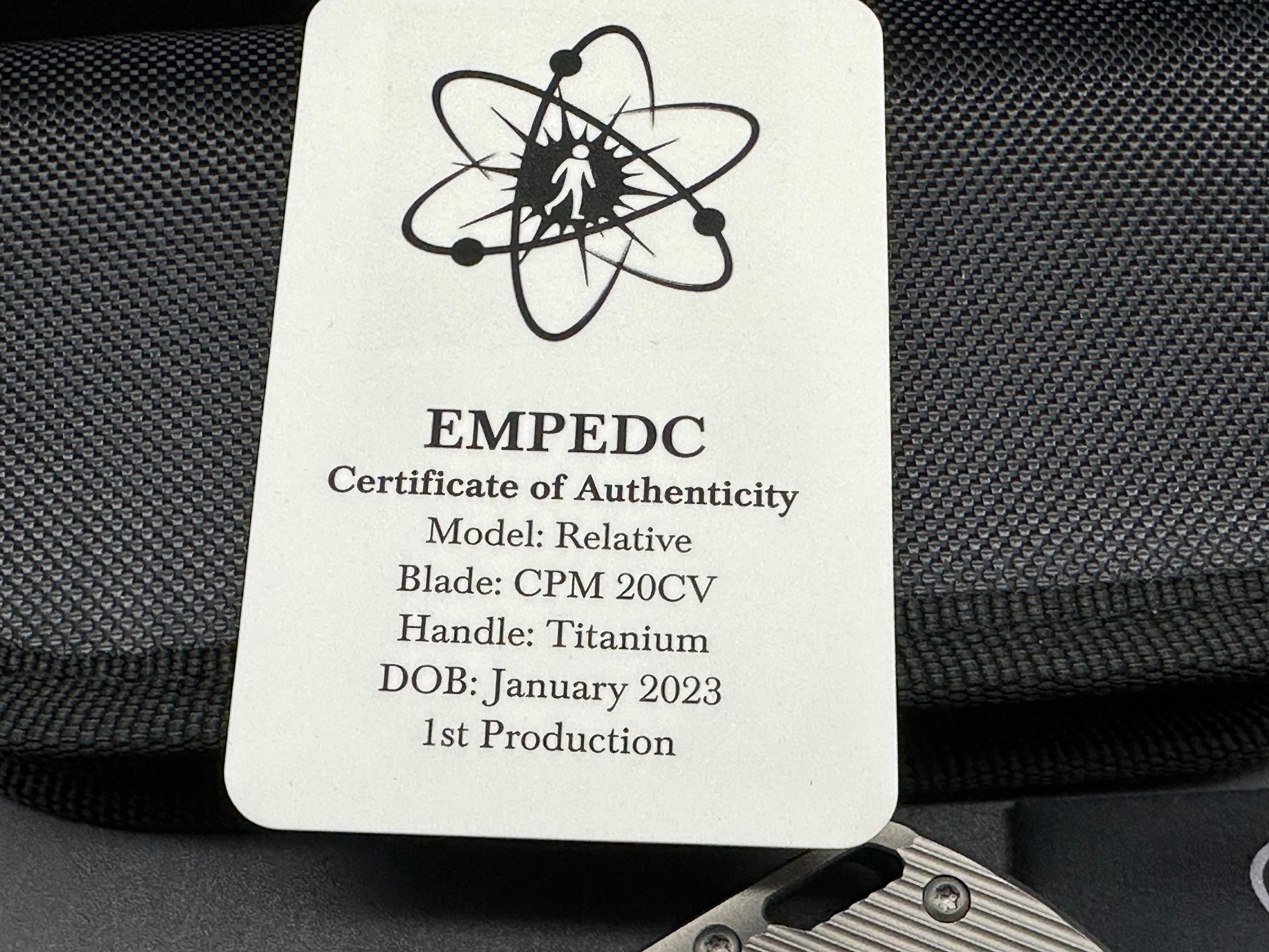 EMP EDC Relative (#039 First Production Run), Belt Satin CPM-20CV Blade, Blasted Titanium Handles