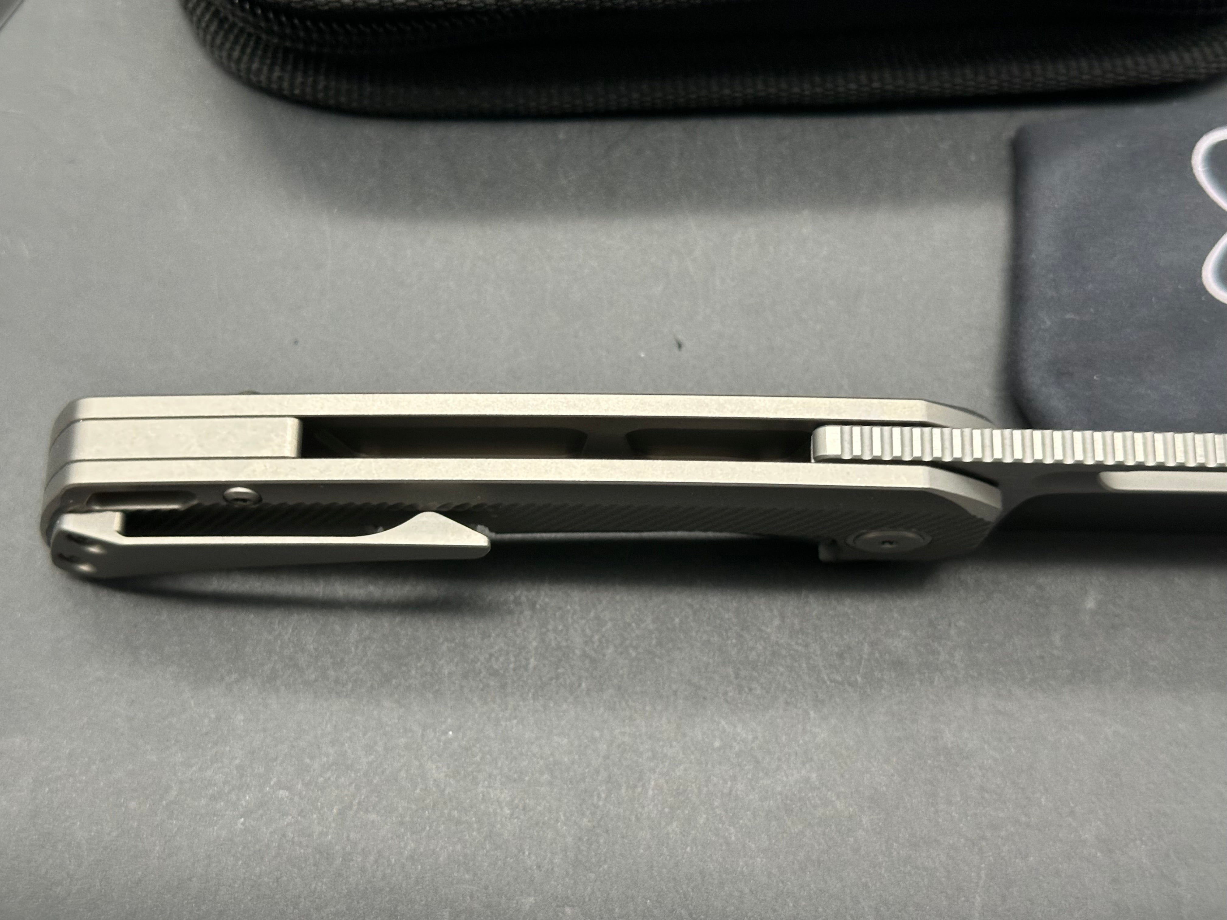 EMP EDC Relative (#039 First Production Run), Belt Satin CPM-20CV Blade, Blasted Titanium Handles