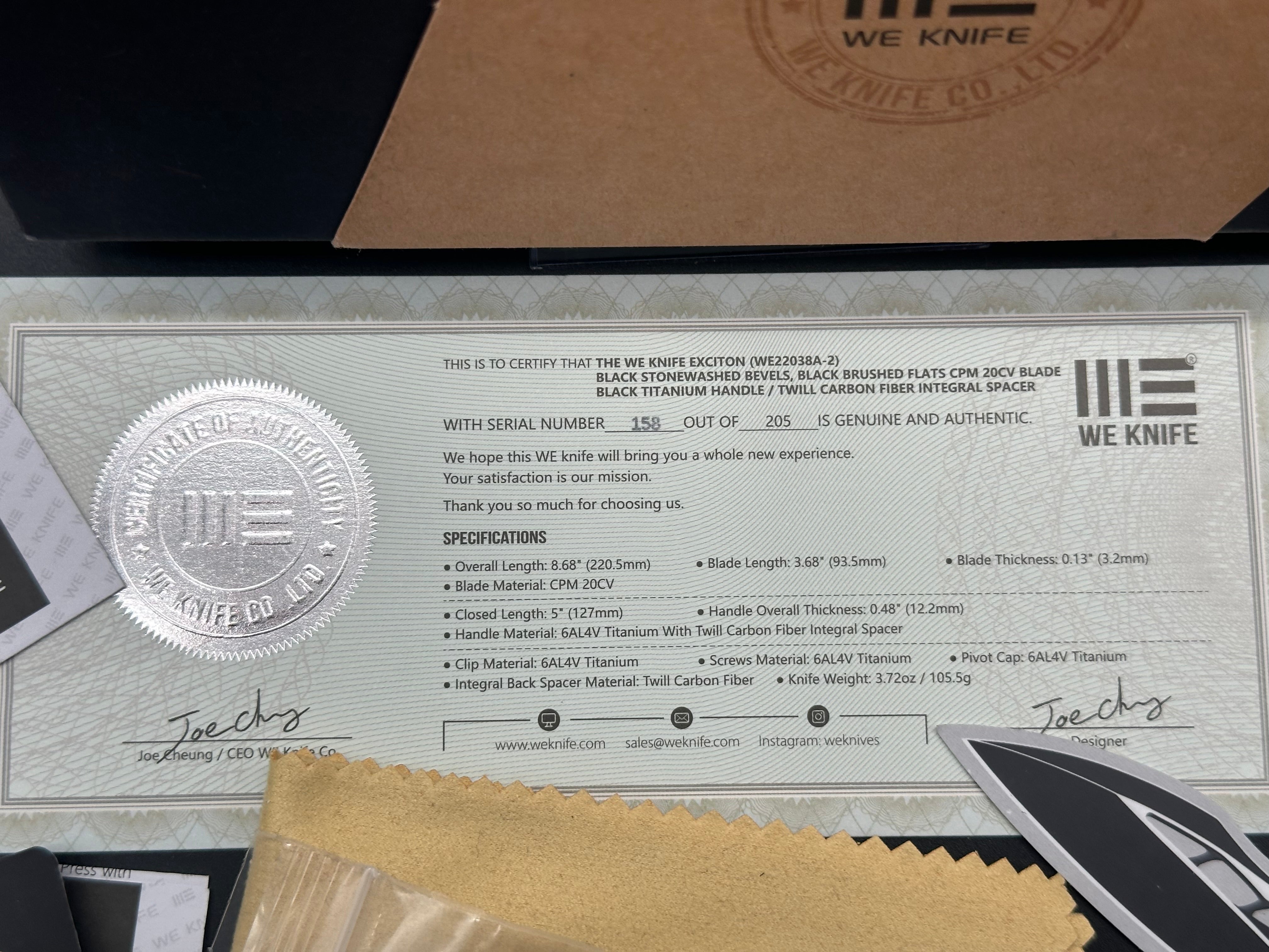 WE Knife Co. Exciton Limited Edition Knife Black Ti/CF (3.7" Black)