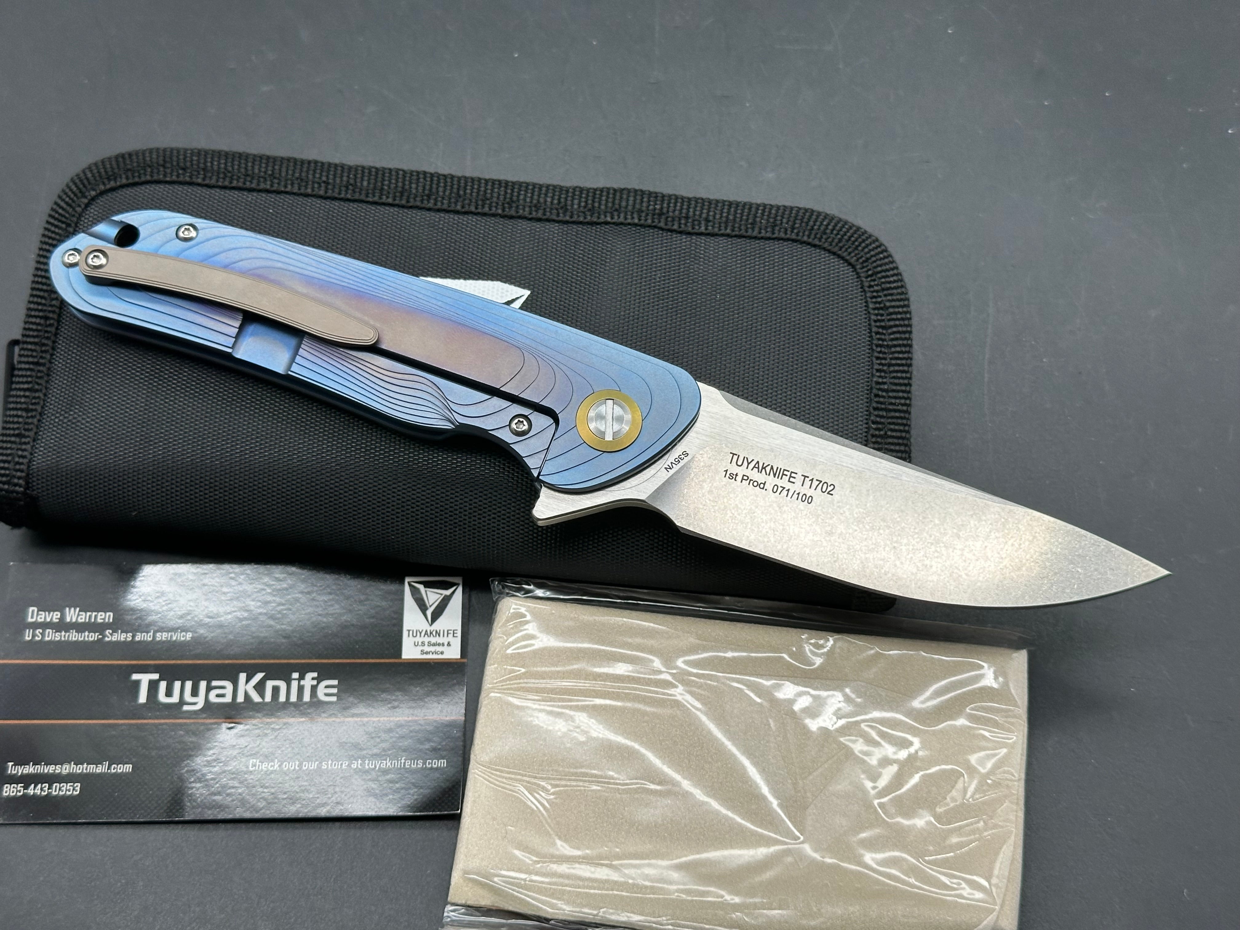 Tuya Argon (#071/100 First Production Run), Stonewashed CPM-S35VN Blade Blue/Bronze Anodized and Stepped Titanium Handles