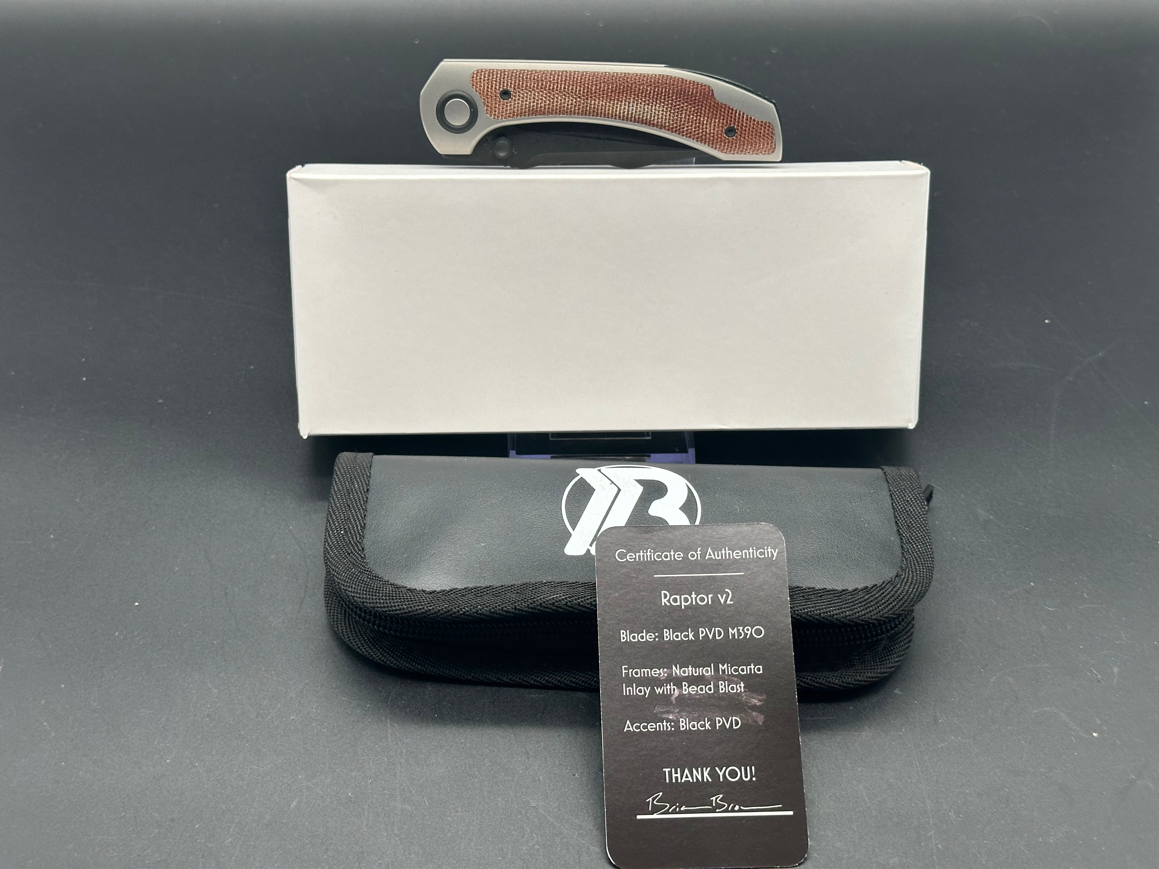 BRIAN BROWN KNIVES RAPTOR V2 NATURAL MICARTA FOLDING KNIFE 3.5" M390 TUMBLED PVD