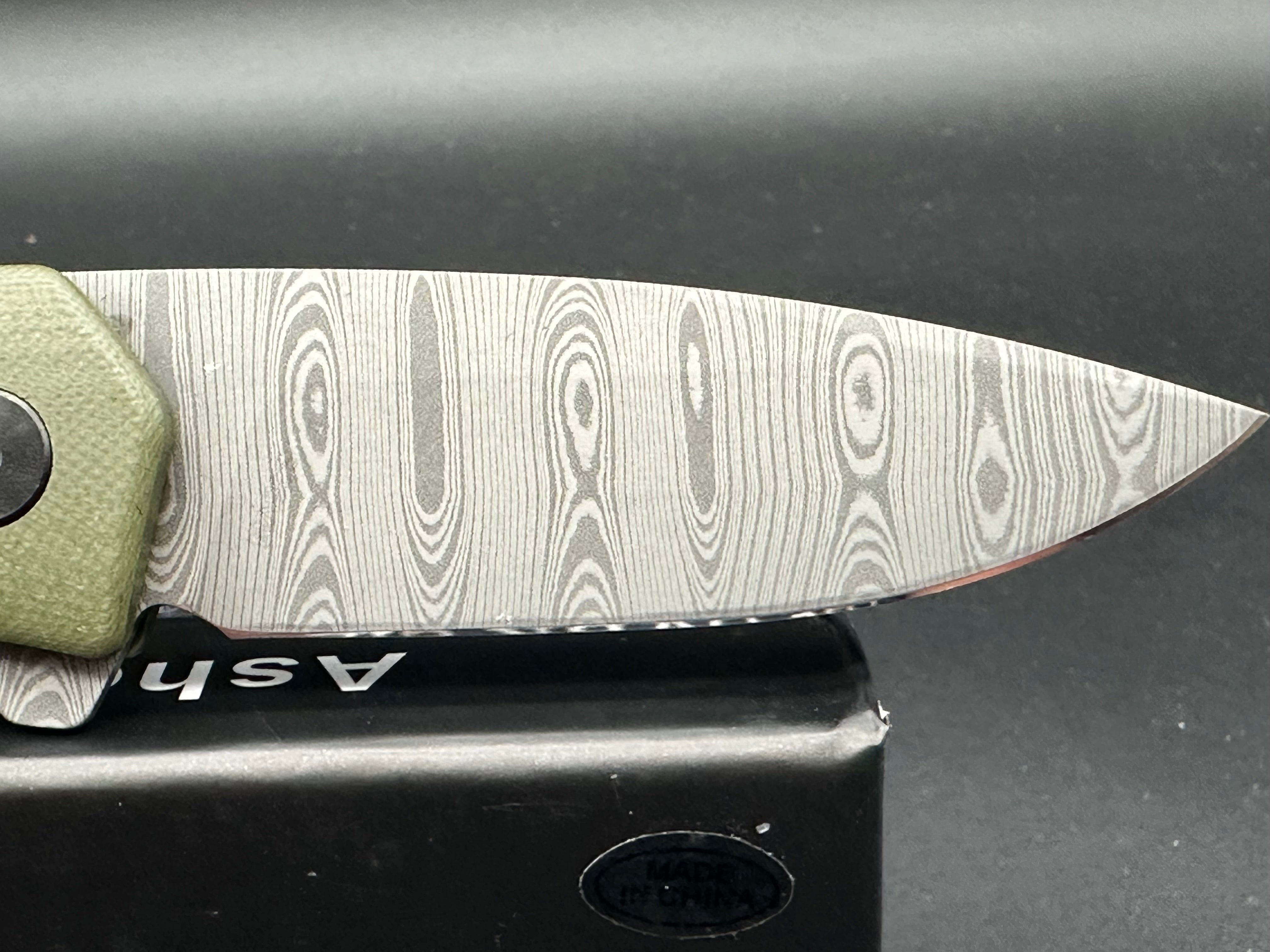 Asher Knives The Spiro flipper OD green G10 S35VN LNIB - blem Lasered ladder damascus
