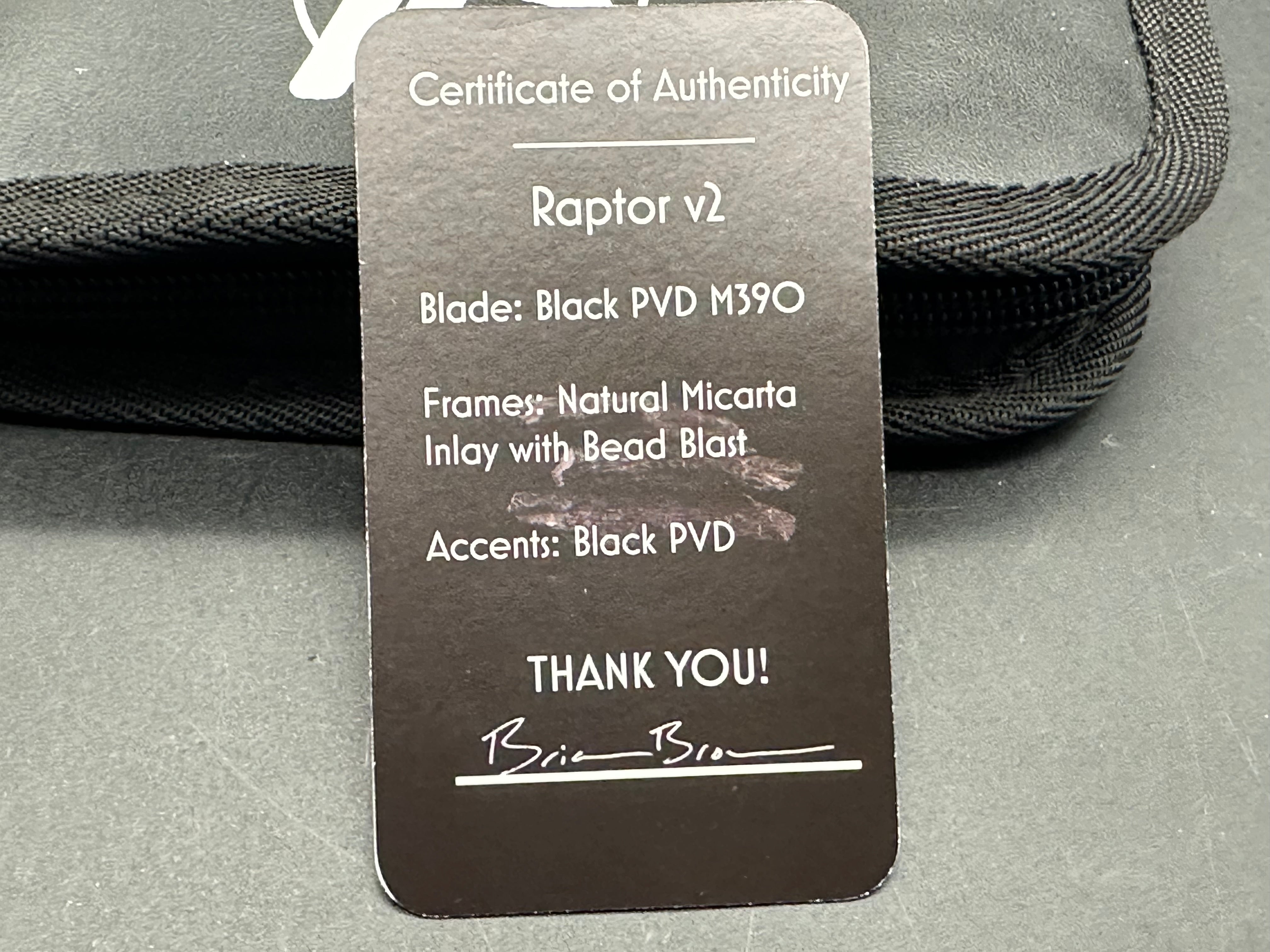 BRIAN BROWN KNIVES RAPTOR V2 NATURAL MICARTA FOLDING KNIFE 3.5" M390 TUMBLED PVD