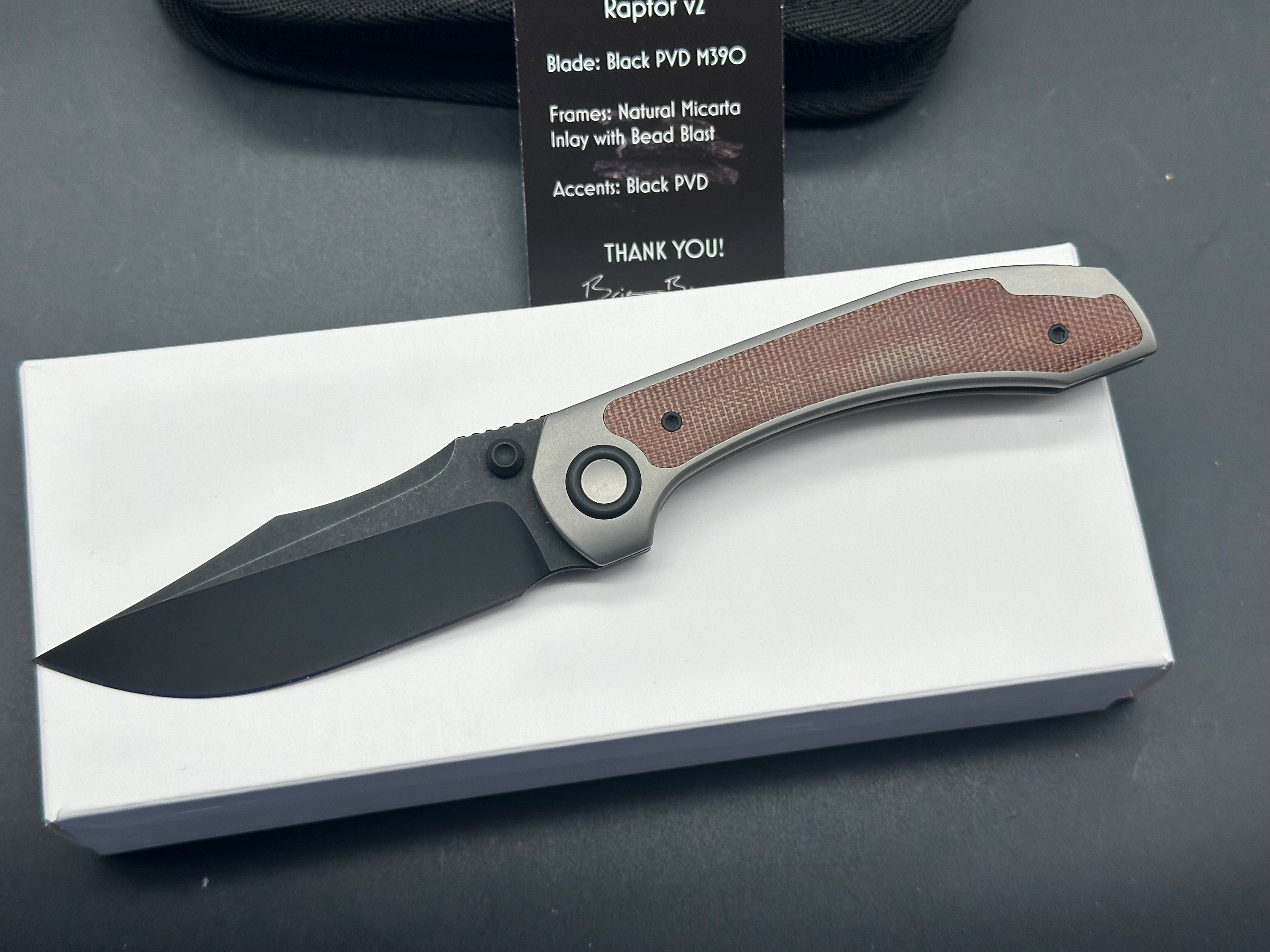 BRIAN BROWN KNIVES RAPTOR V2 NATURAL MICARTA FOLDING KNIFE 3.5" M390 TUMBLED PVD