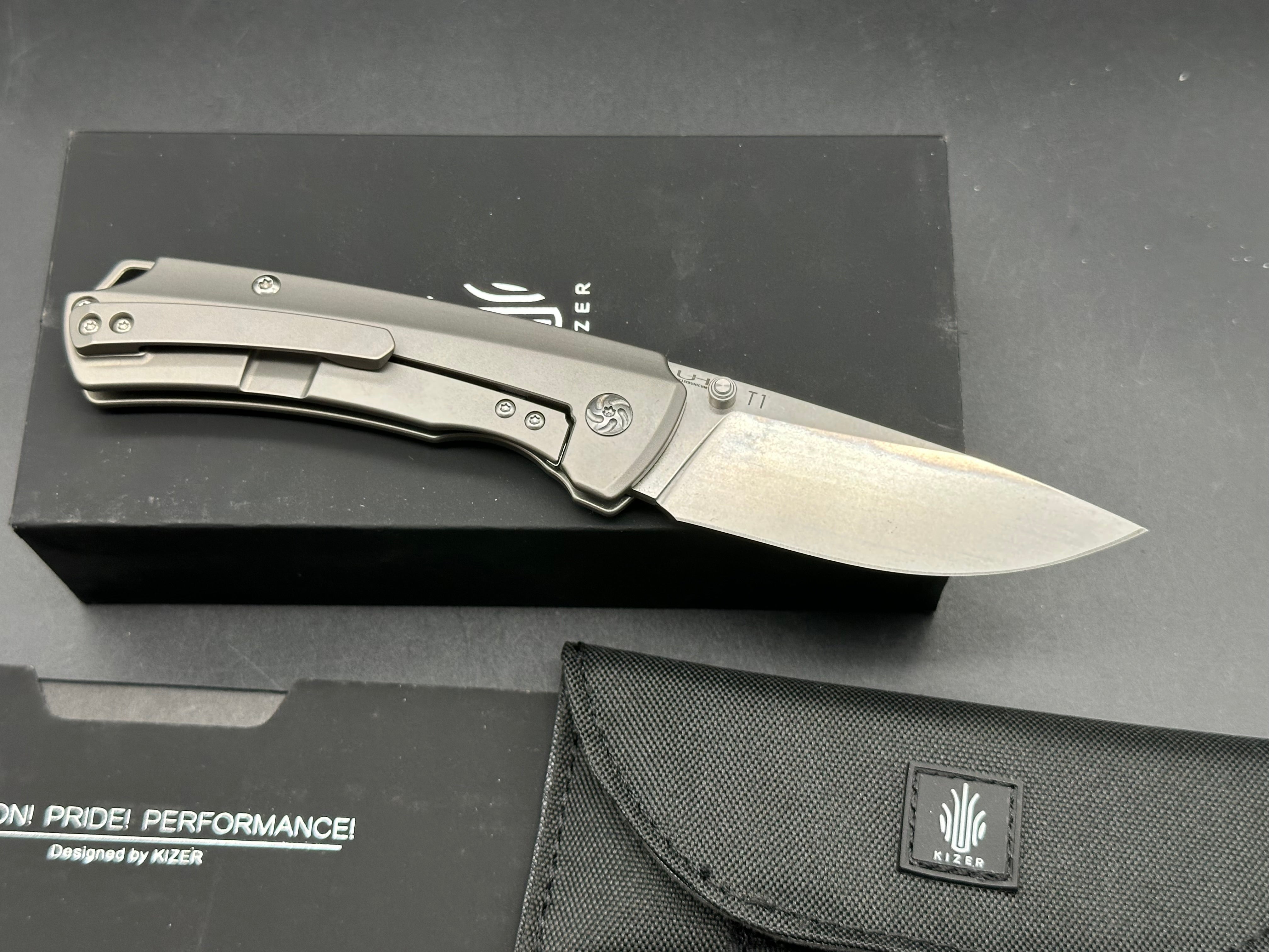 Kizer T1, Stonewashed CPM-S35VN Blade, Titanium Handles, Backspacer and Pocket Clip