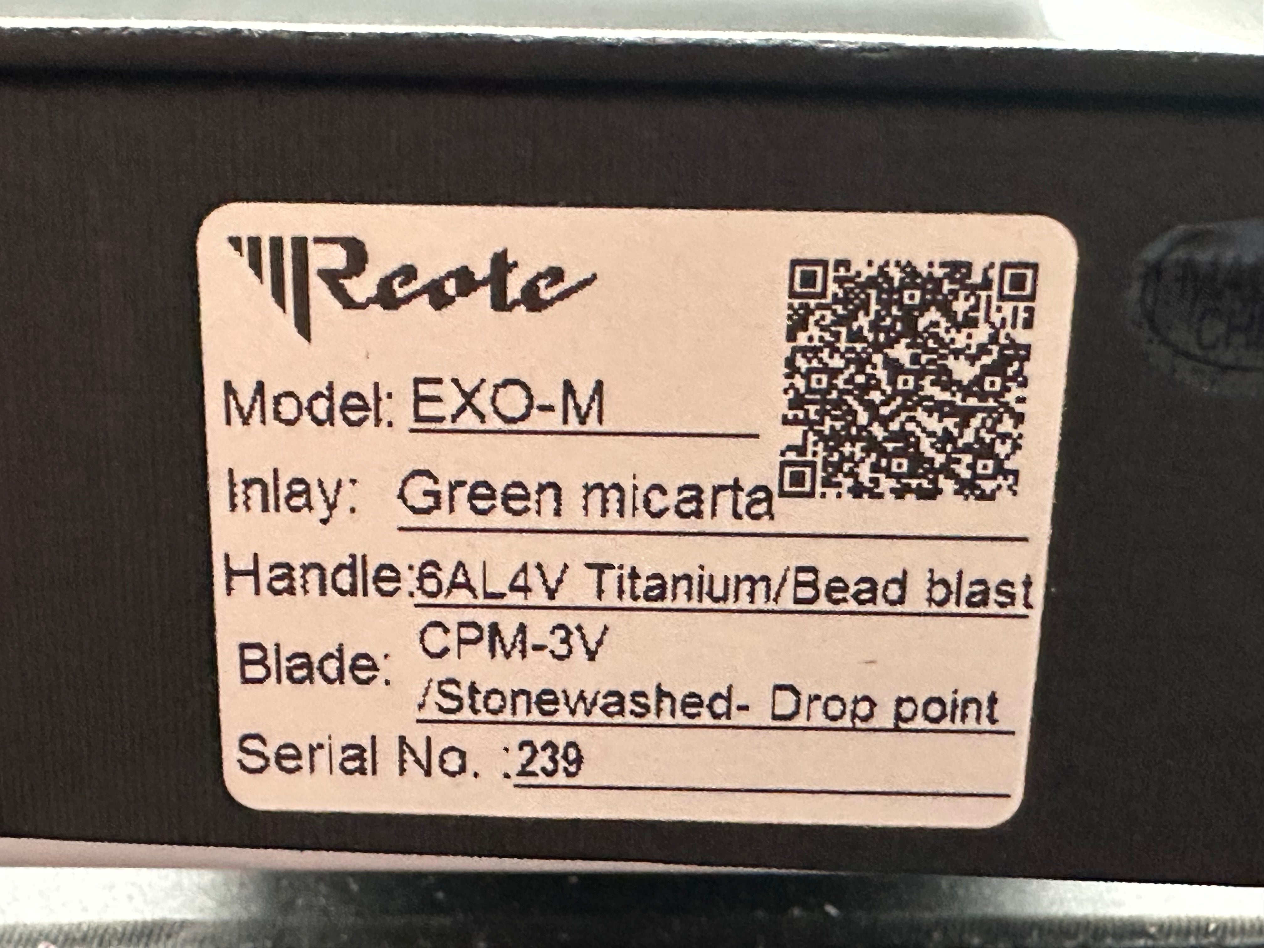 Reate Exo-m titanium/green micarta CPM 3V blade