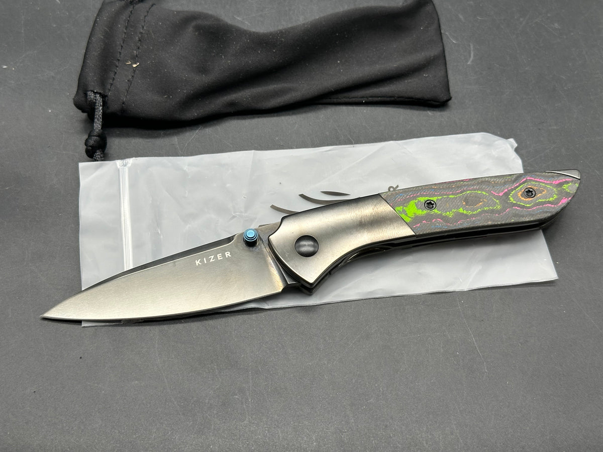 Kizer Spitfire Folding Knife Titanium/Camo Carbon 80's Handle 3.13" Mirror DLC S35VN Drop Point