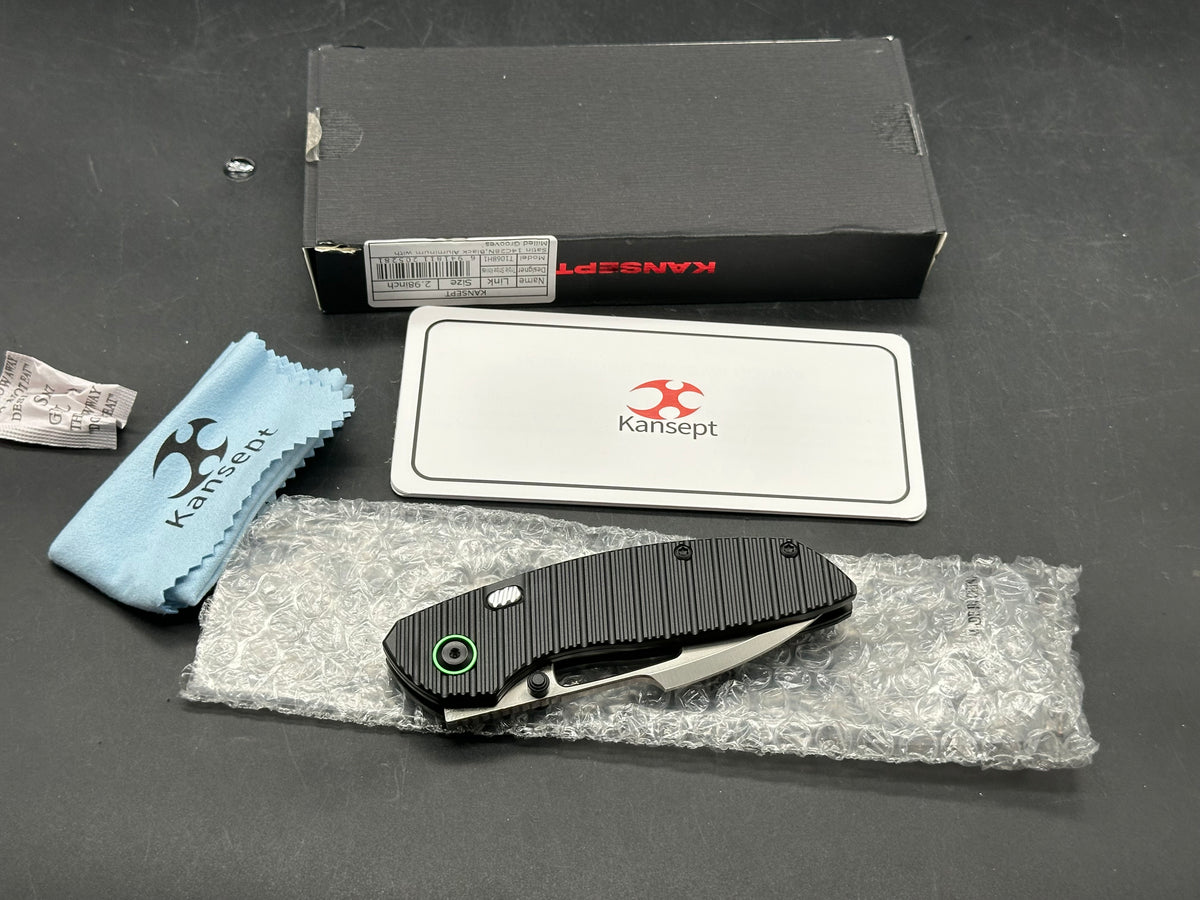 Kansept Link Folding Knife Black Aluminum Handle 3.0" Satin 14C28N Plain Edge
