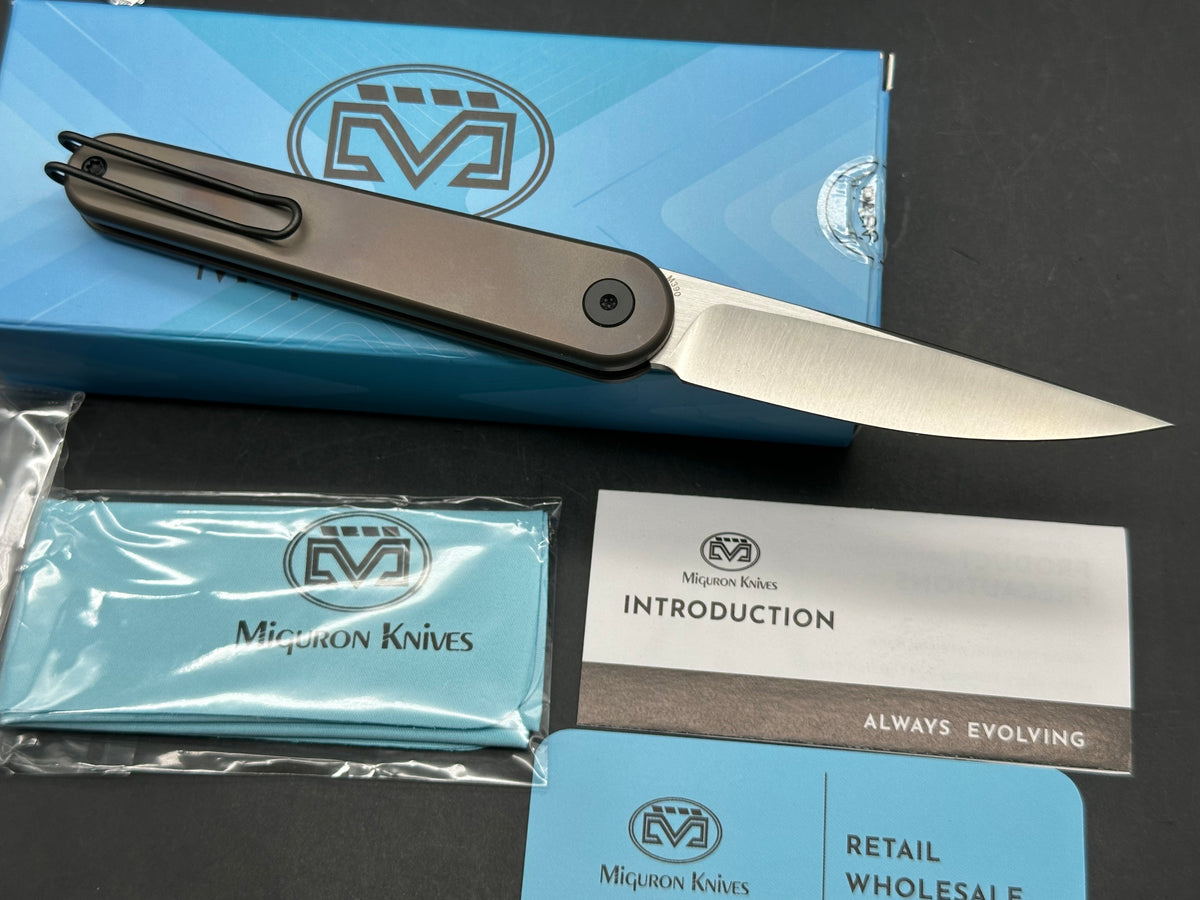 Miguron Gents 3" | M390 Satin Blade | Titanium Bronze Handle | Button Liner Lock