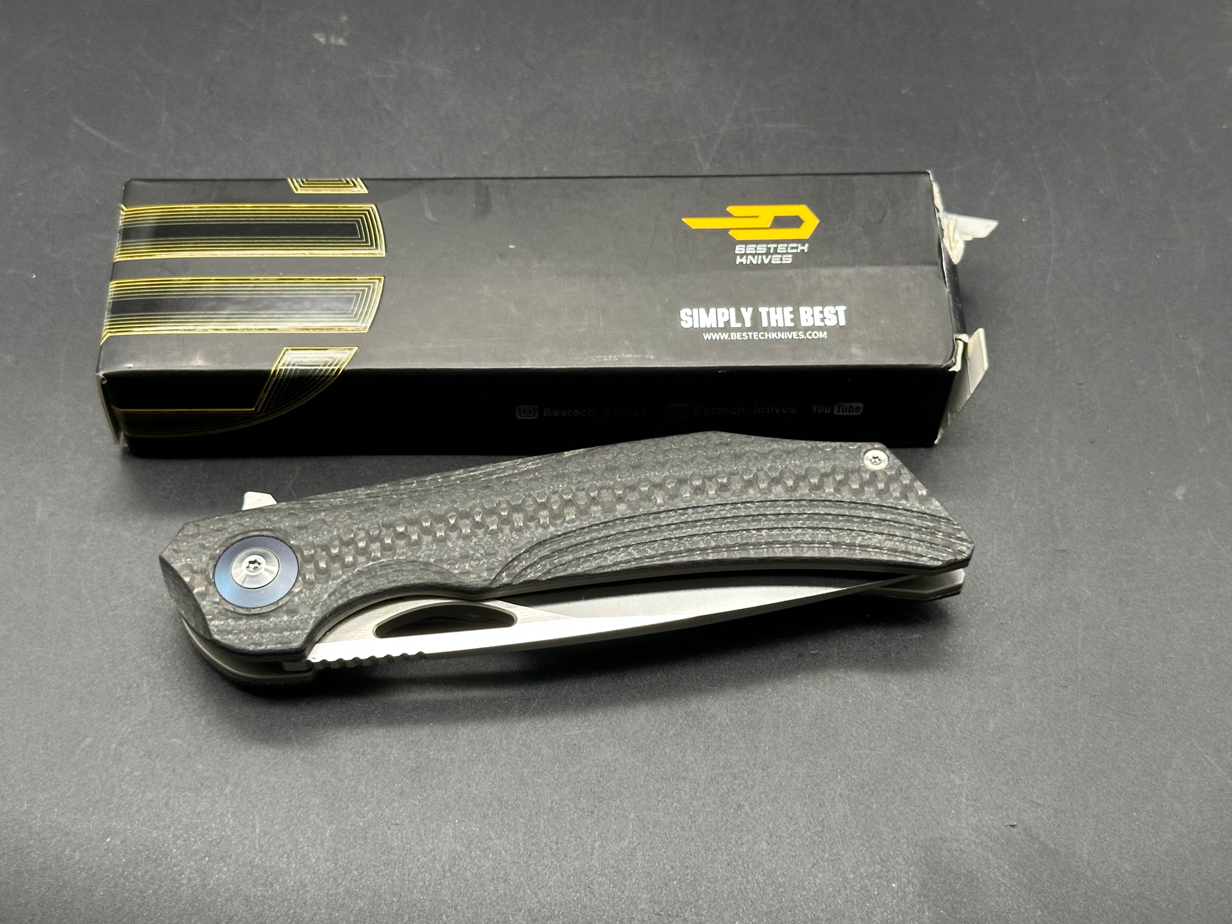 Bestech Knives Falko Liner Lock Knife Black G-10/CF (3.8" Satin 154CM)
