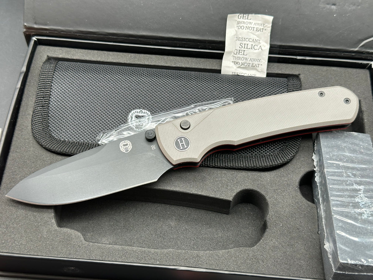 Holtzman's Gorilla Survival Loyalist Folding Pocket Knife with Sharpening Stone and Case (Black+Red) button lock D2 steel blade