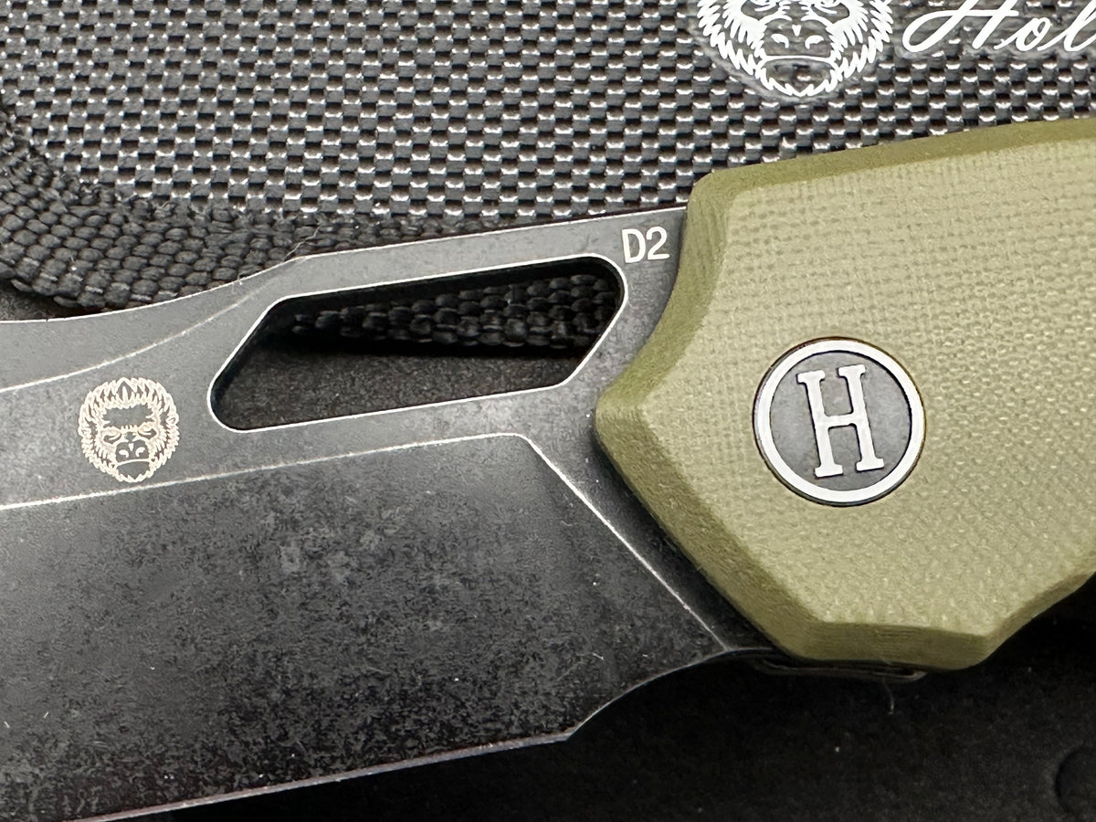 Holtzman's Gorilla Survival Folding Pocket Knife for Men with D2 Steel Blade and G10 Handle -(Black Stonewashed + OD Green)