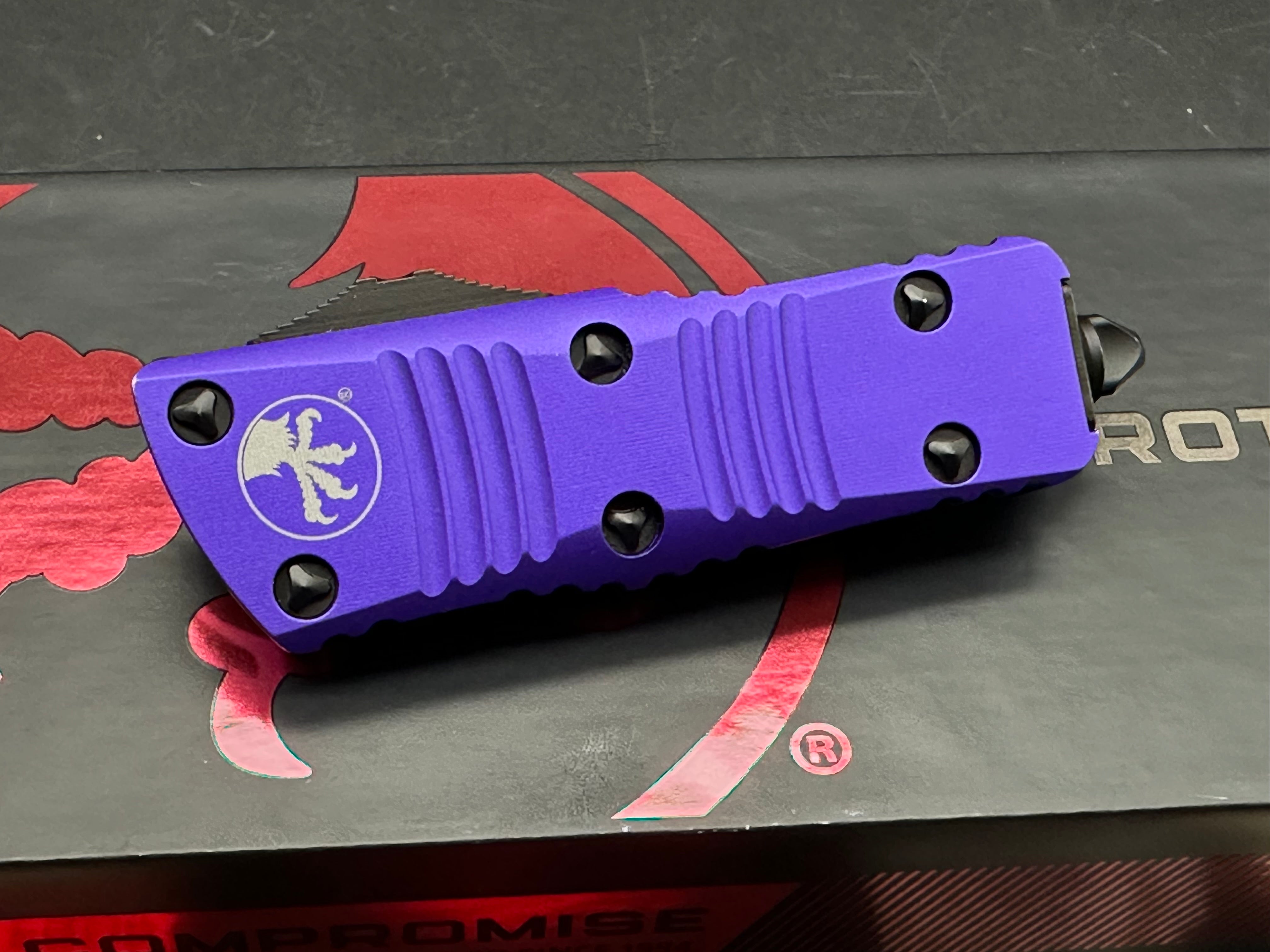 Microtech Troodon Mini T/E CA Legal OTF Auto Knife Purple (1.9" Black)