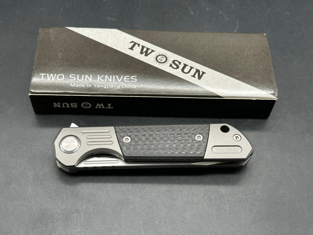 TWOSUN TS49 FRAME LOCK FOLDING KNIFE TITANIUM + CARBON FIBER HANDLE 3.35" D2