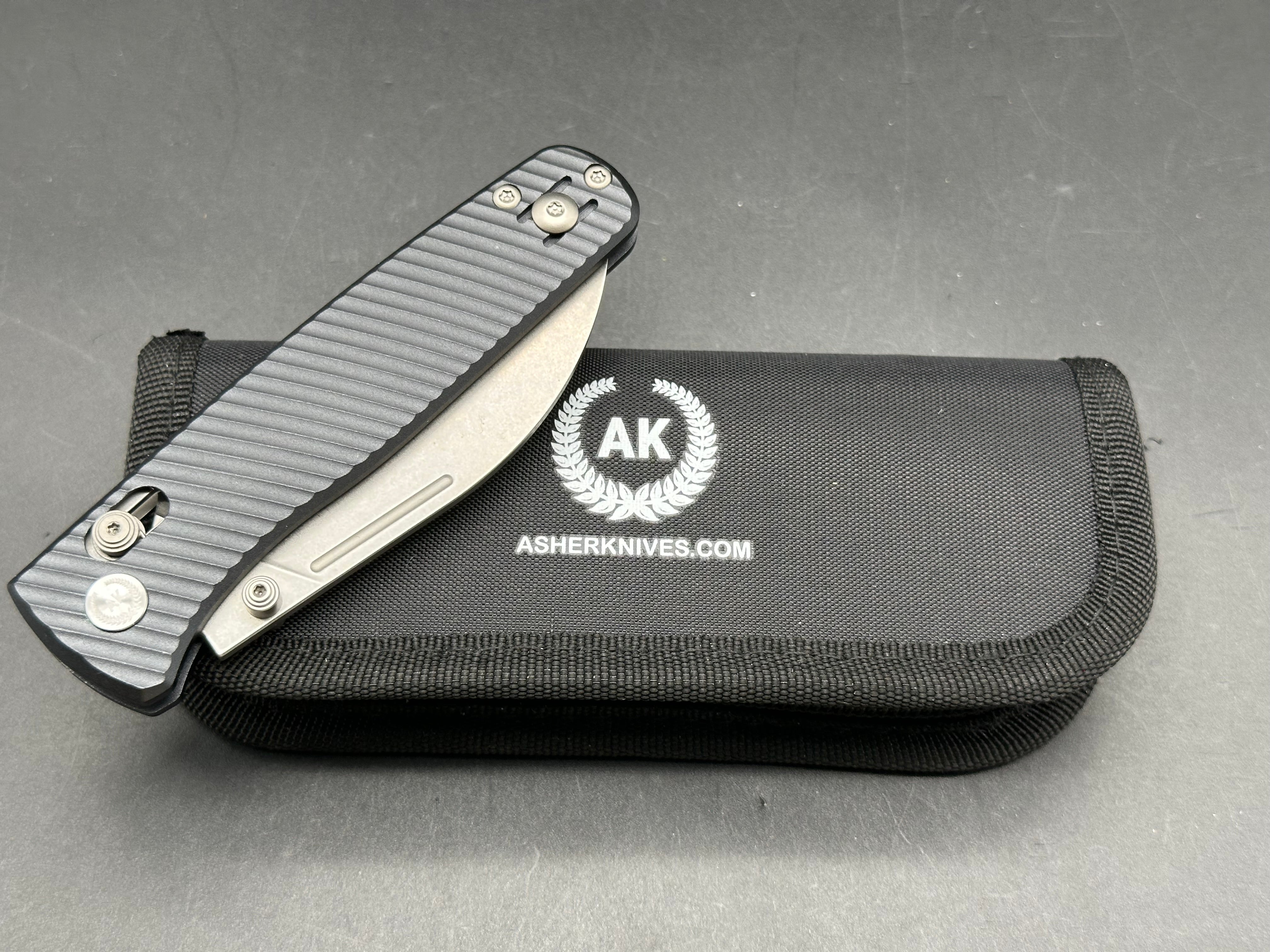 Asher Nomad (NEW), 3.2" S90V Stonewash Wharncliffe Blade with Blue/Black Aluminum Handle