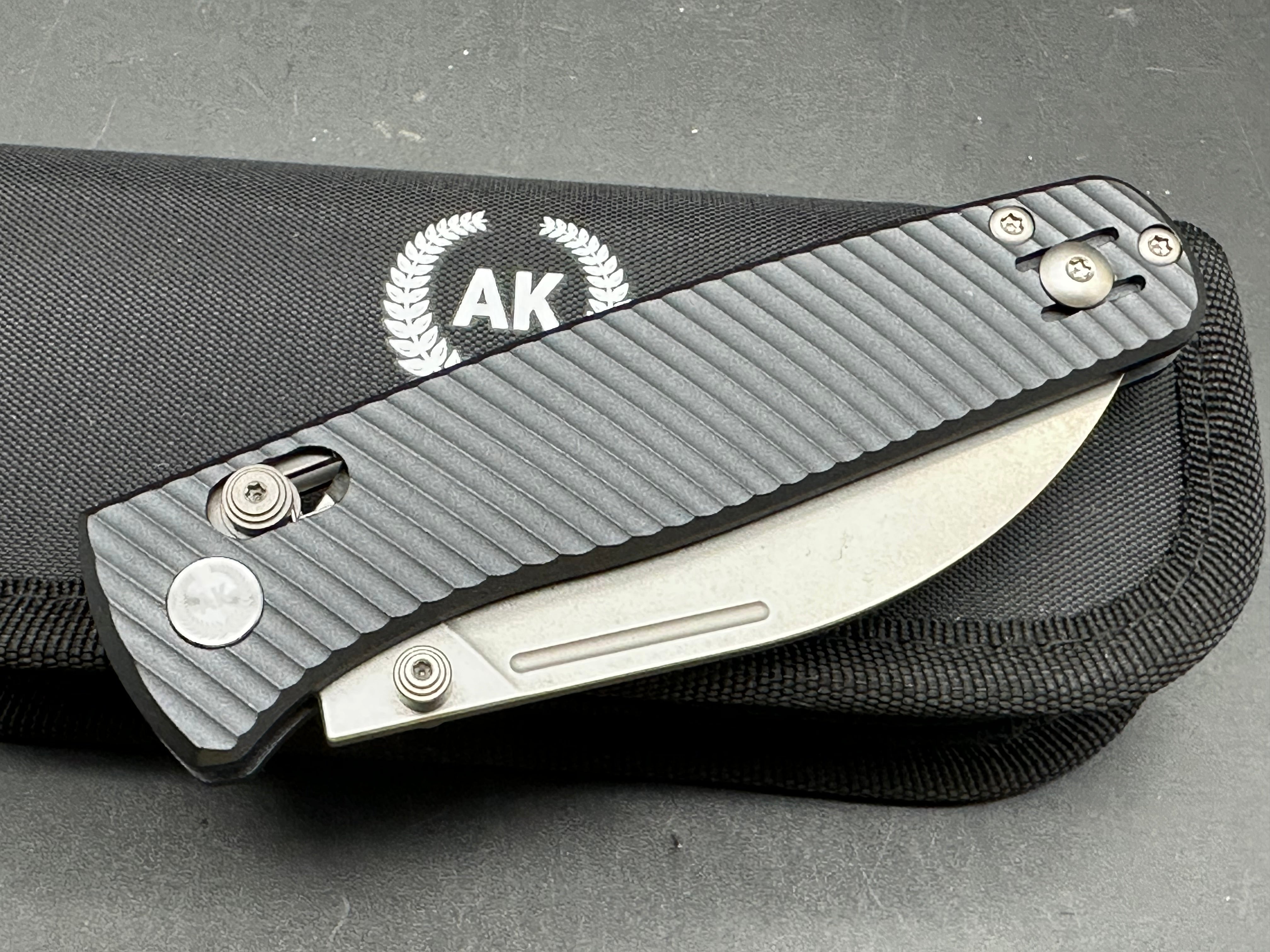 Asher Nomad (NEW), 3.2" S90V Stonewash Wharncliffe Blade with Blue/Black Aluminum Handle