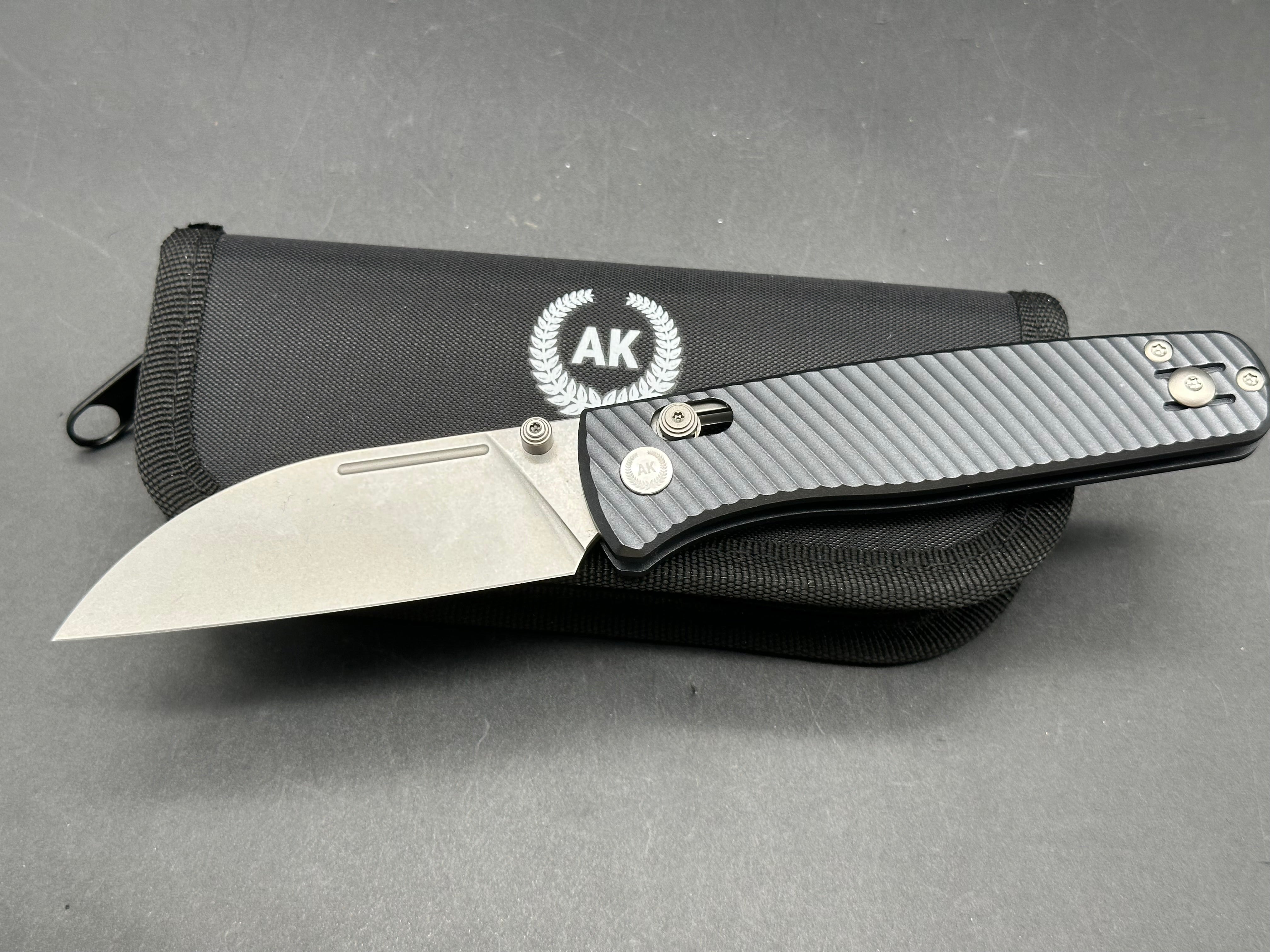 Asher Nomad (NEW), 3.2" S90V Stonewash Wharncliffe Blade with Blue/Black Aluminum Handle