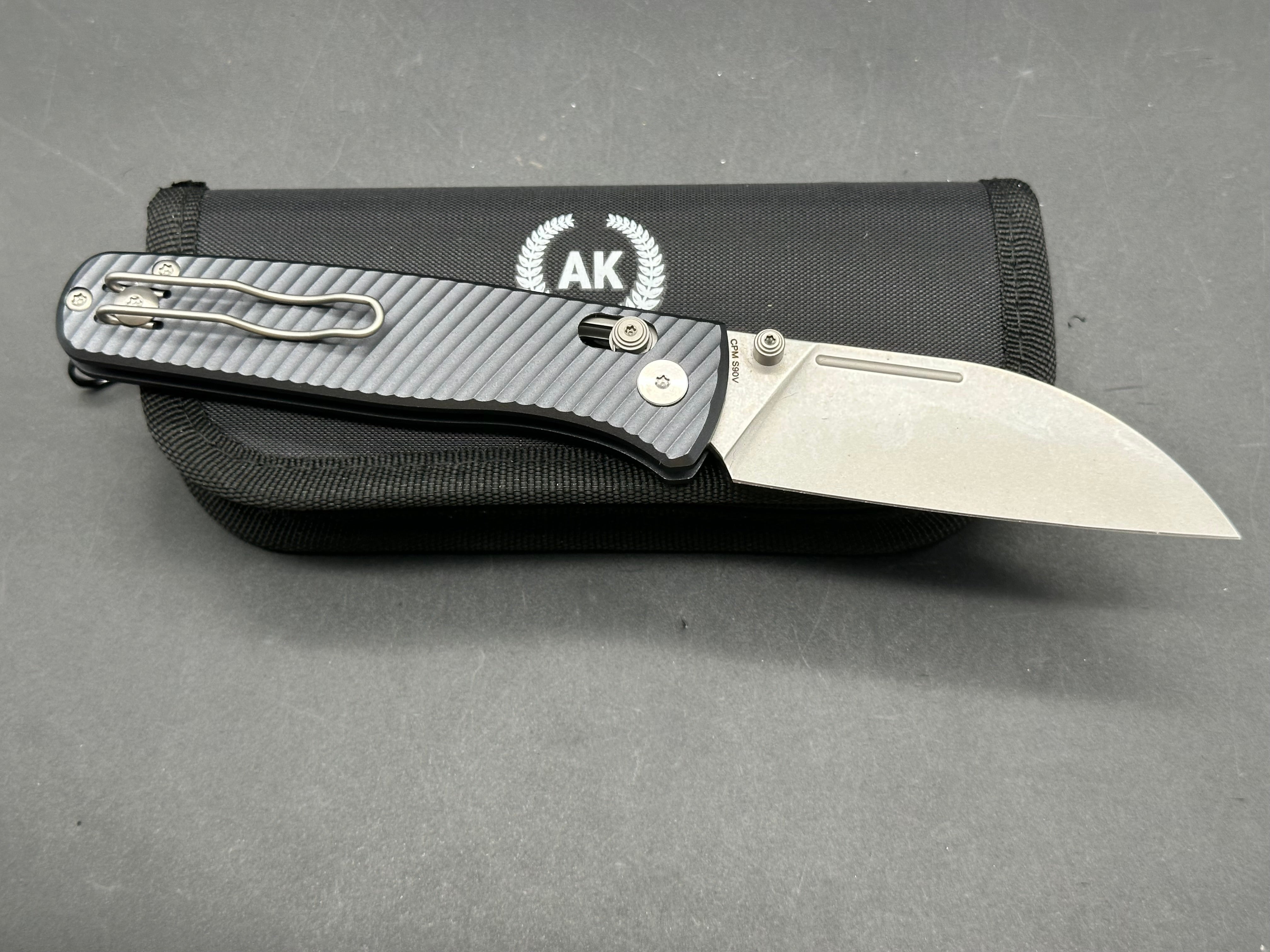 Asher Nomad (NEW), 3.2" S90V Stonewash Wharncliffe Blade with Blue/Black Aluminum Handle