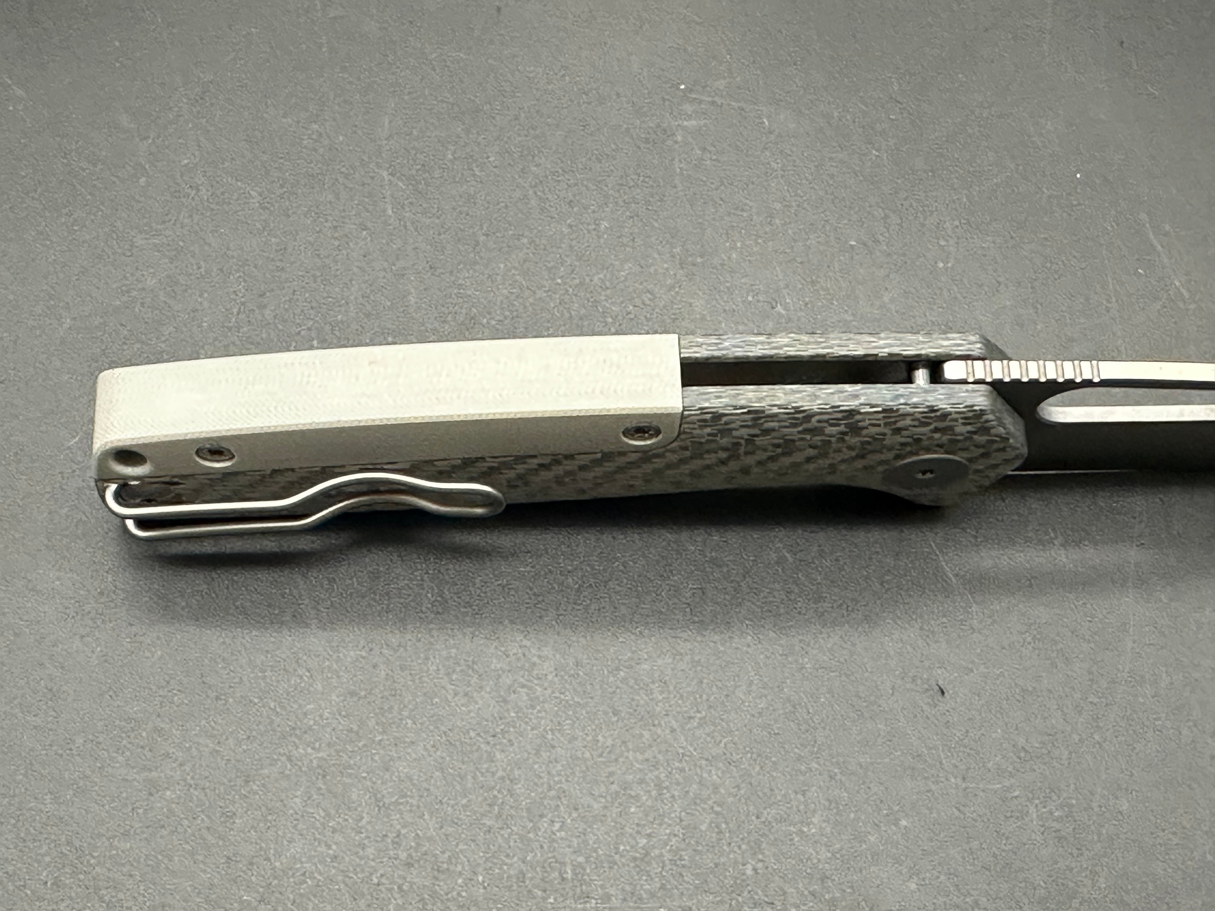 Asher Spiro Silver Spacer S90V Stonewash Blade with Silver Twill Carbon Fiber Handle