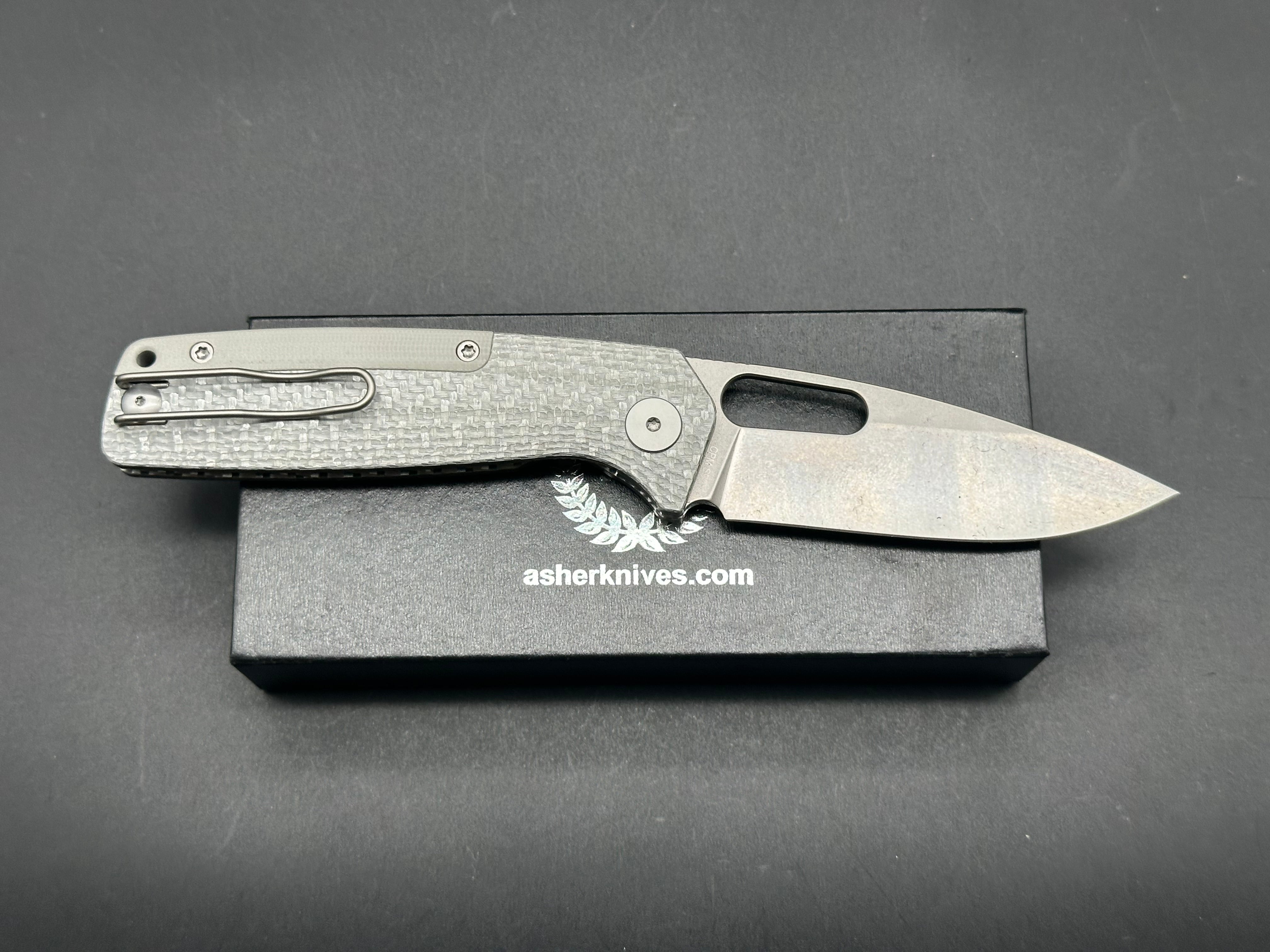 Asher Spiro Silver Spacer S90V Stonewash Blade with Silver Twill Carbon Fiber Handle