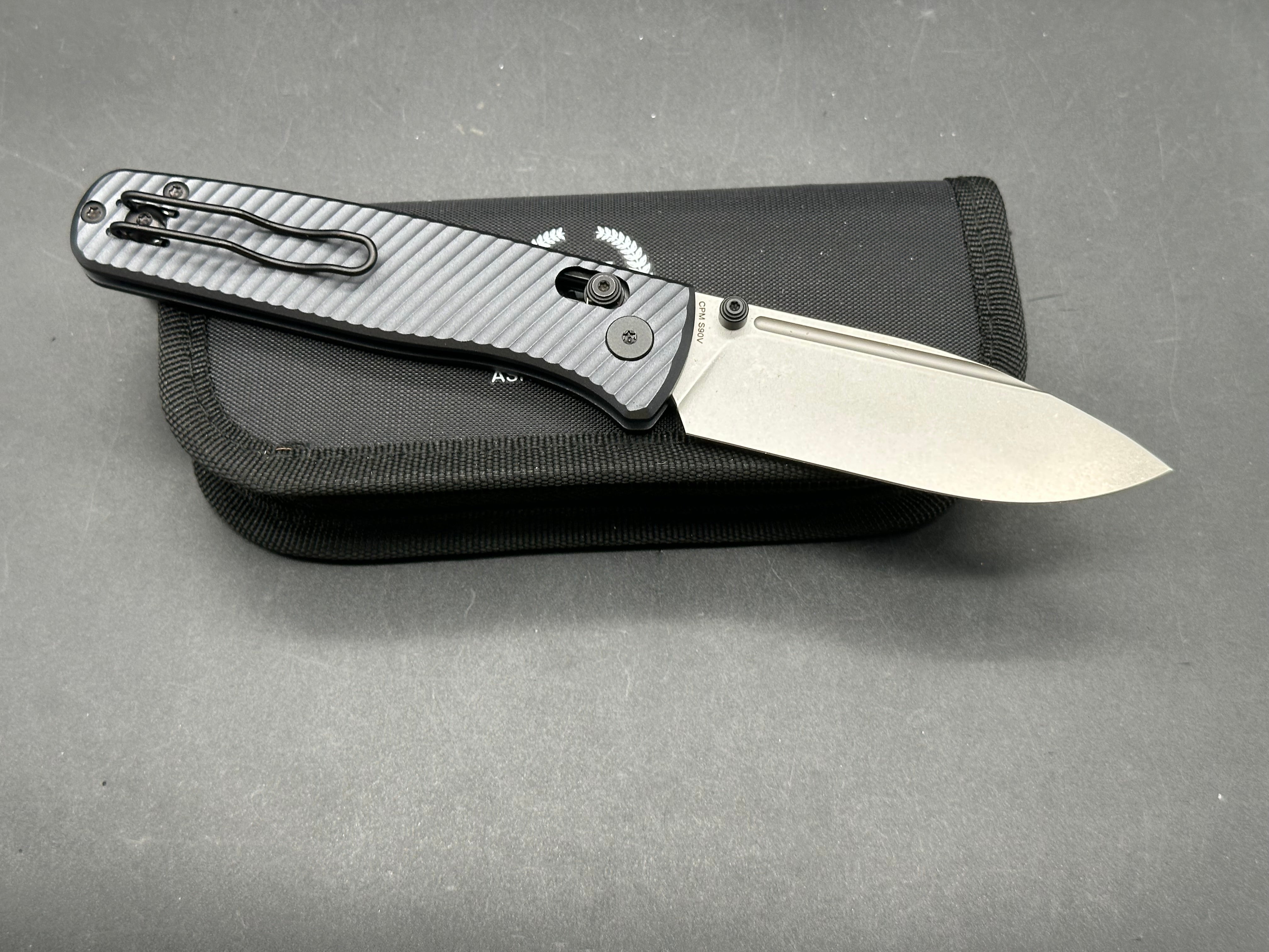 Asher Nomad (NEW). 3.2" S90V Stonewash Drop Blade with Blue/Black Aluminum Handle
