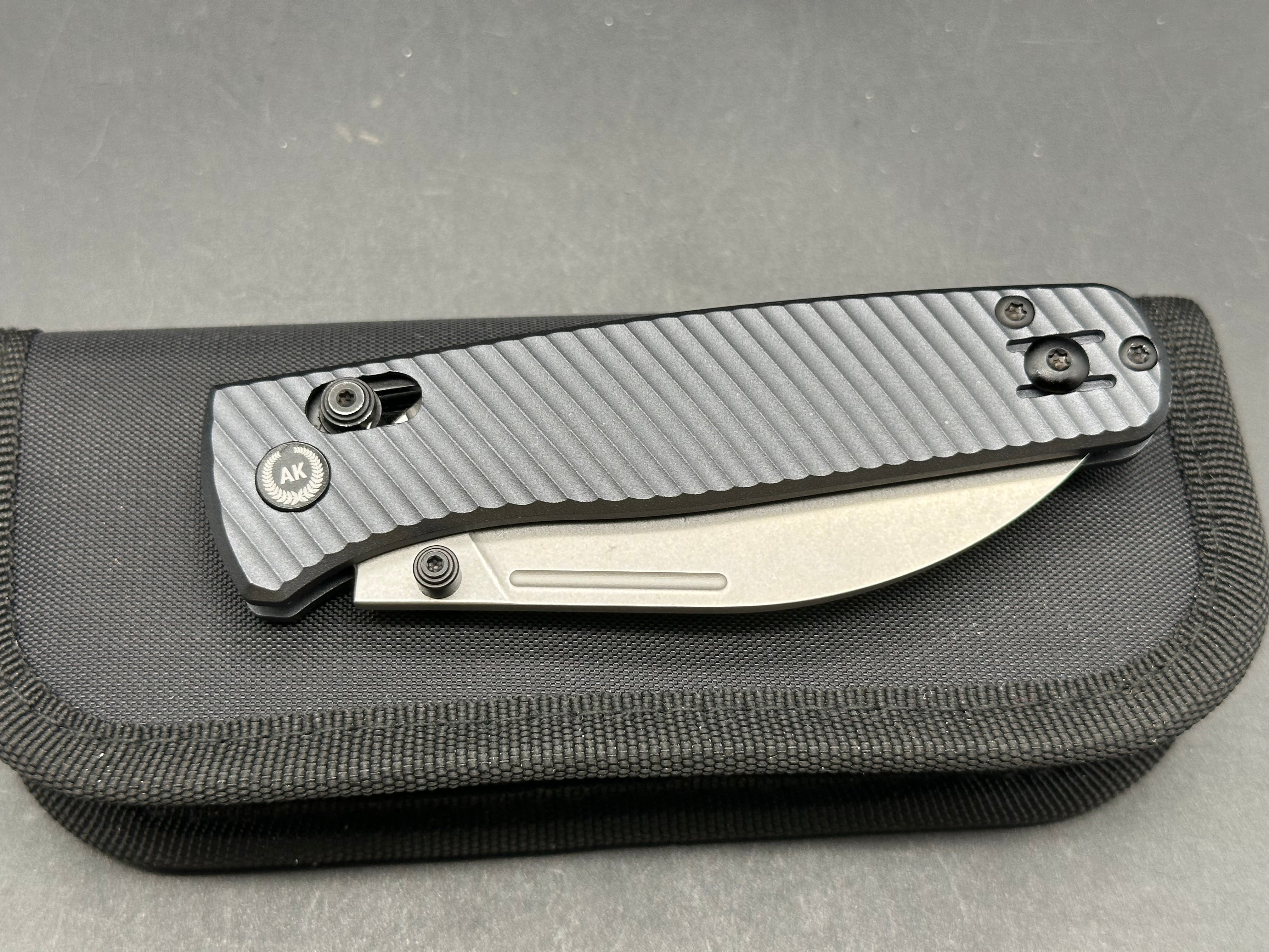 Asher Nomad (NEW), 3.2" S90V Stonewash Wharncliffe Blade with Blue/Black Aluminum Handle