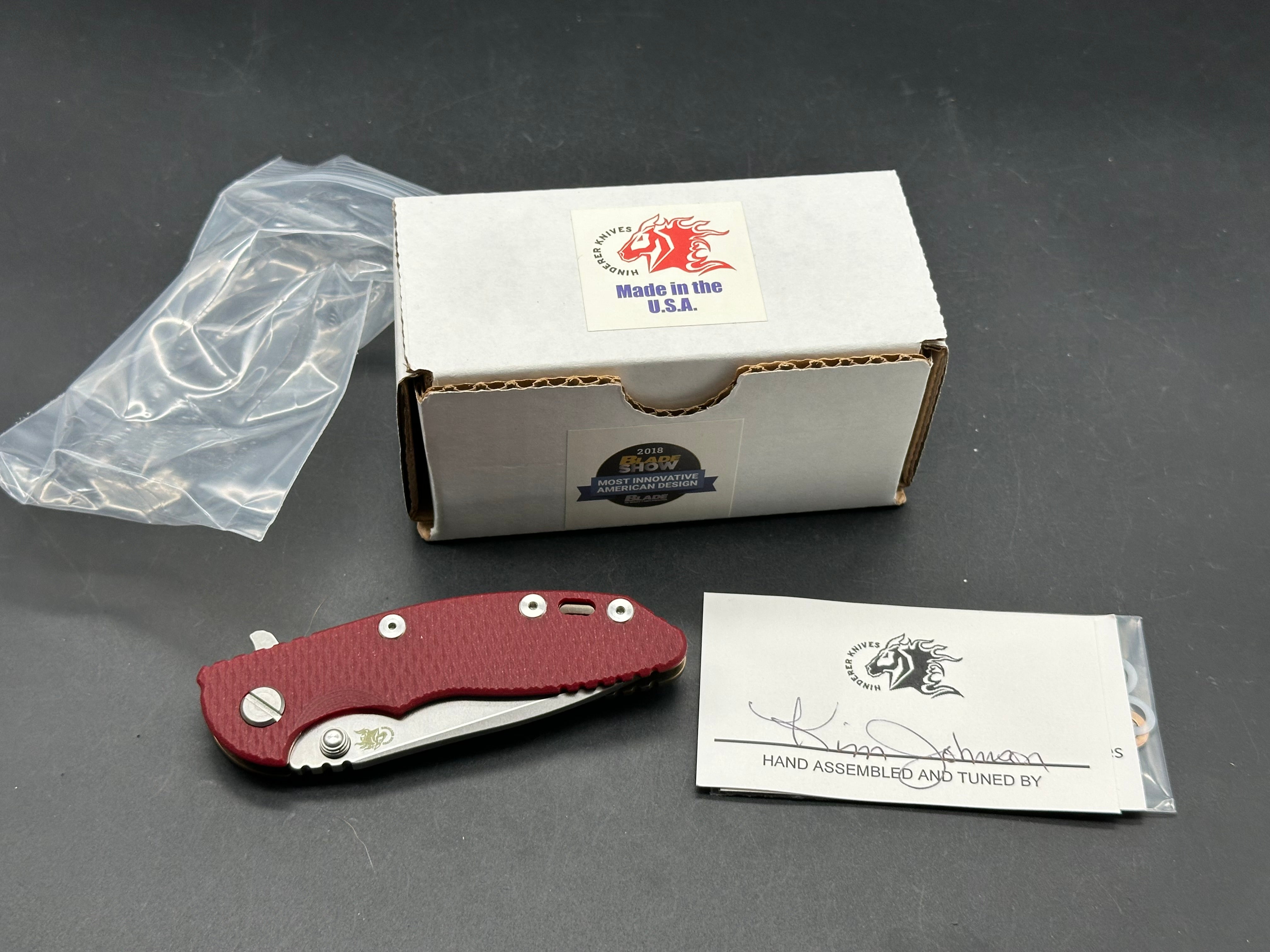 Hinderer XM-18 Tri-Way Flipper 3” Spanto 20CV Red G10 stonewash bronze frame