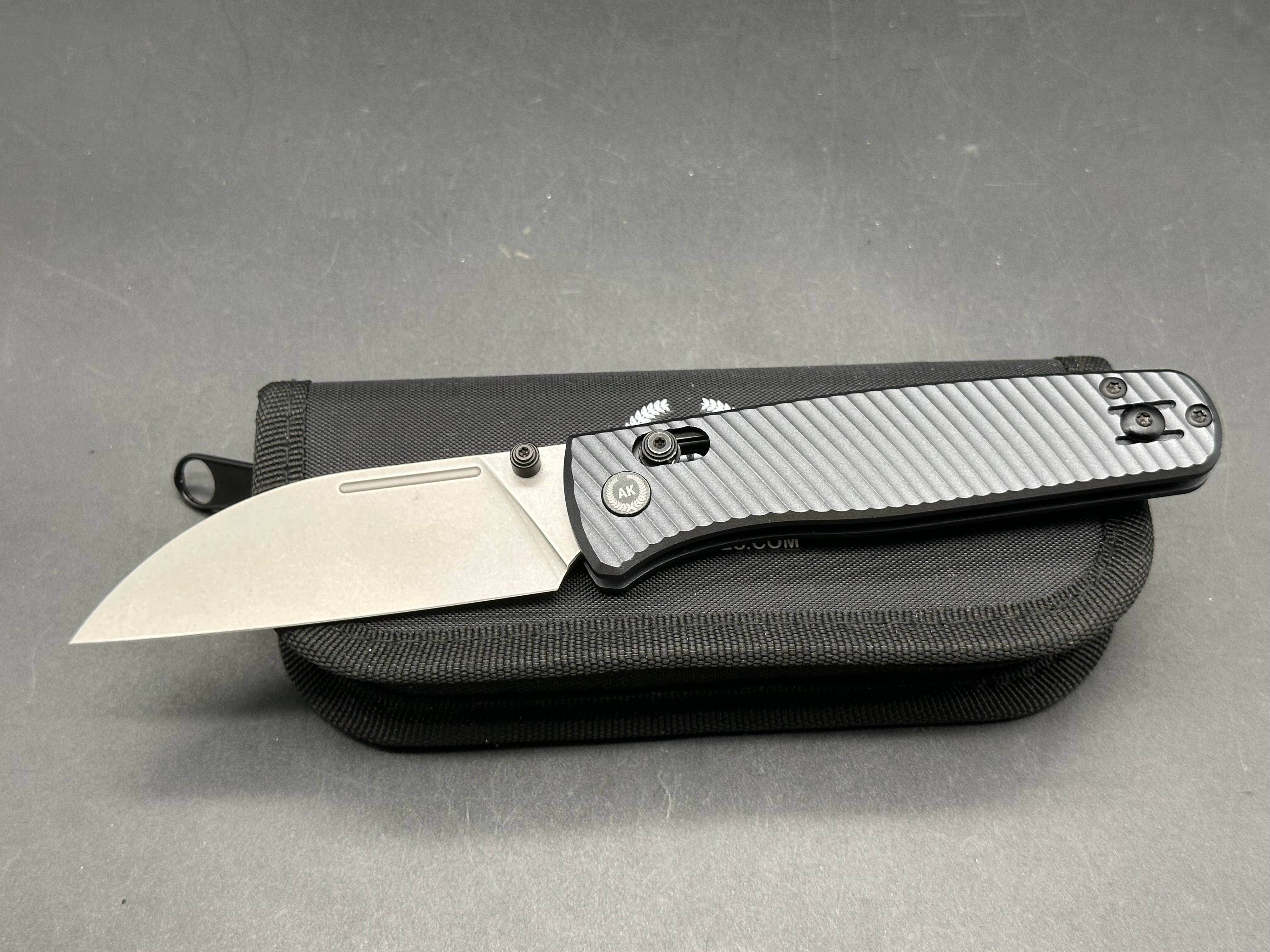Asher Nomad (NEW), 3.2" S90V Stonewash Wharncliffe Blade with Blue/Black Aluminum Handle