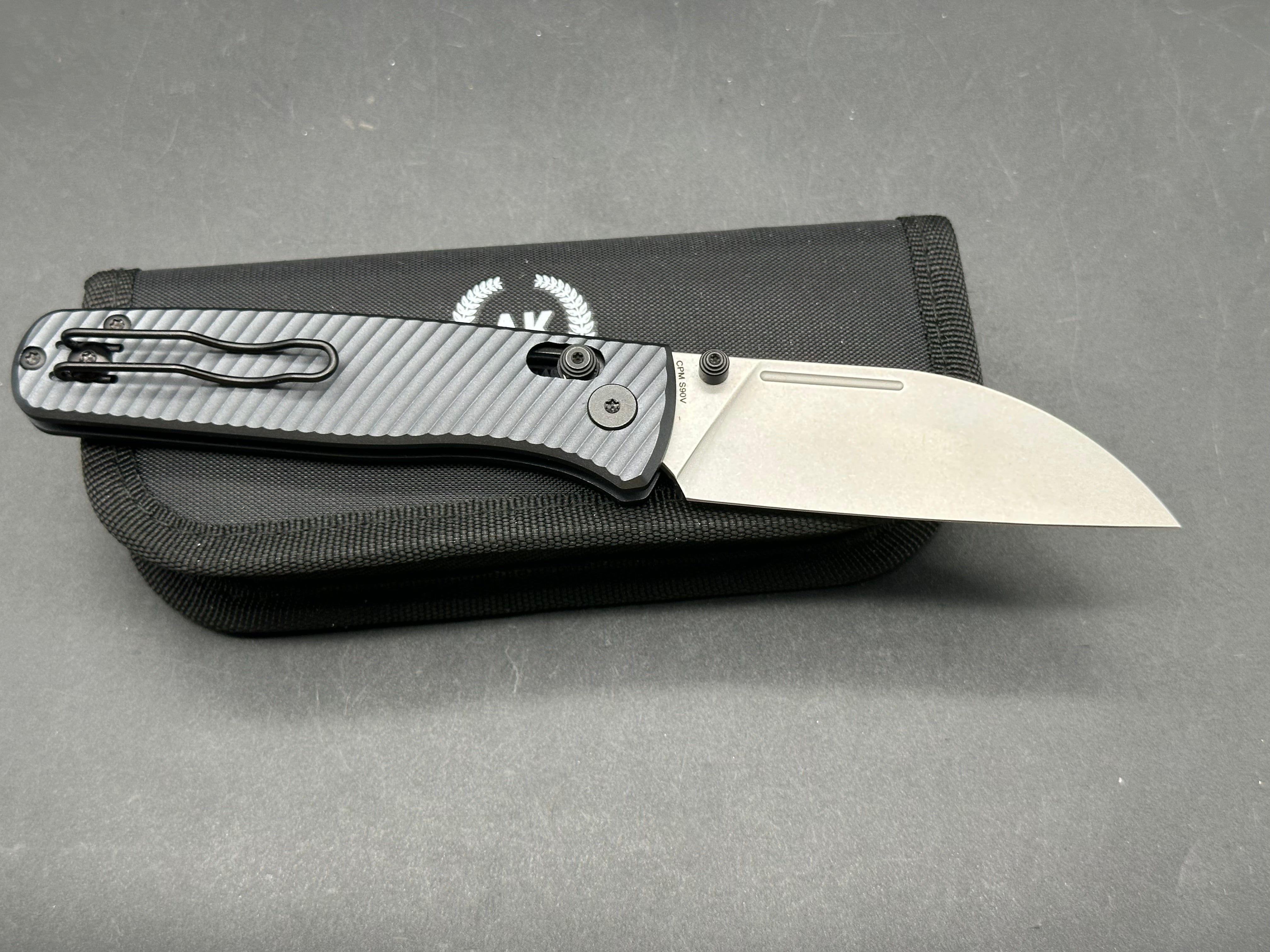 Asher Nomad (NEW), 3.2" S90V Stonewash Wharncliffe Blade with Blue/Black Aluminum Handle