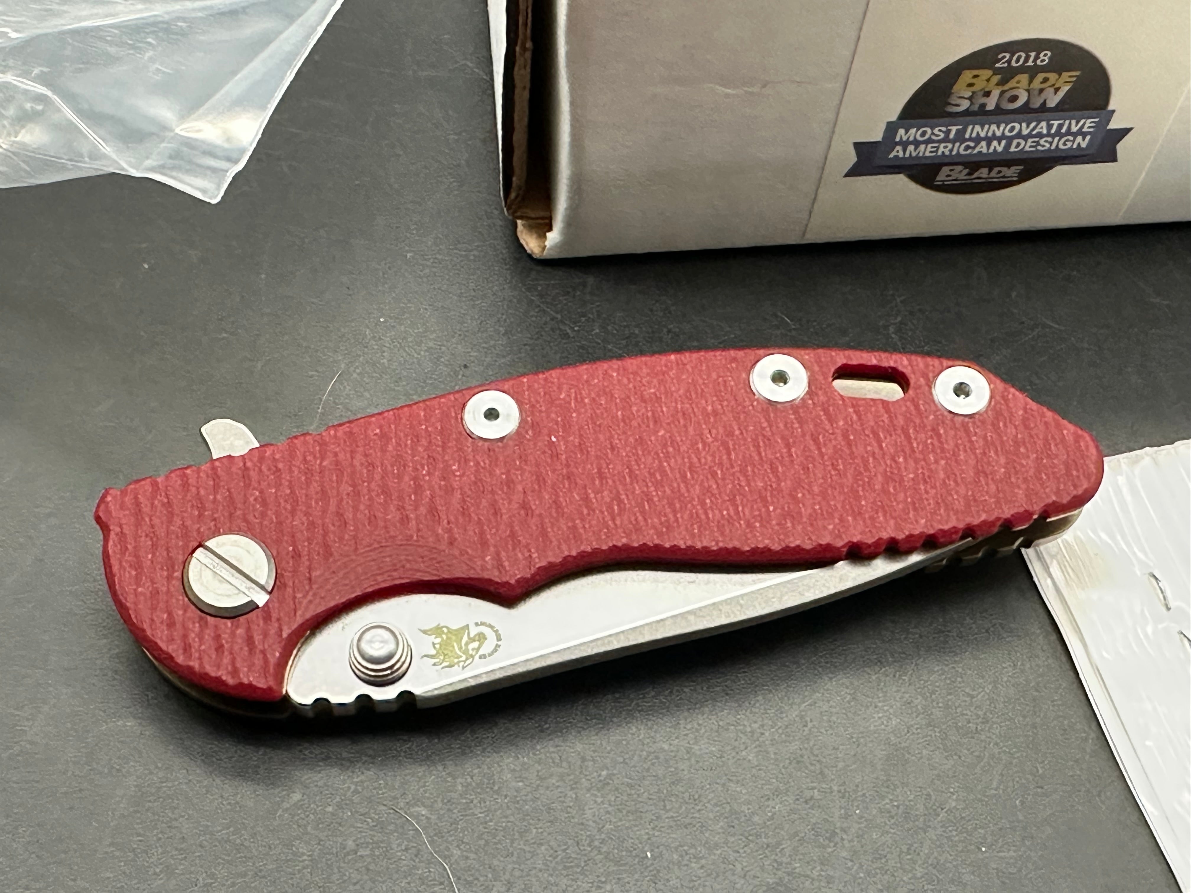 Hinderer XM-18 Tri-Way Flipper 3” Spanto 20CV Red G10 stonewash bronze frame