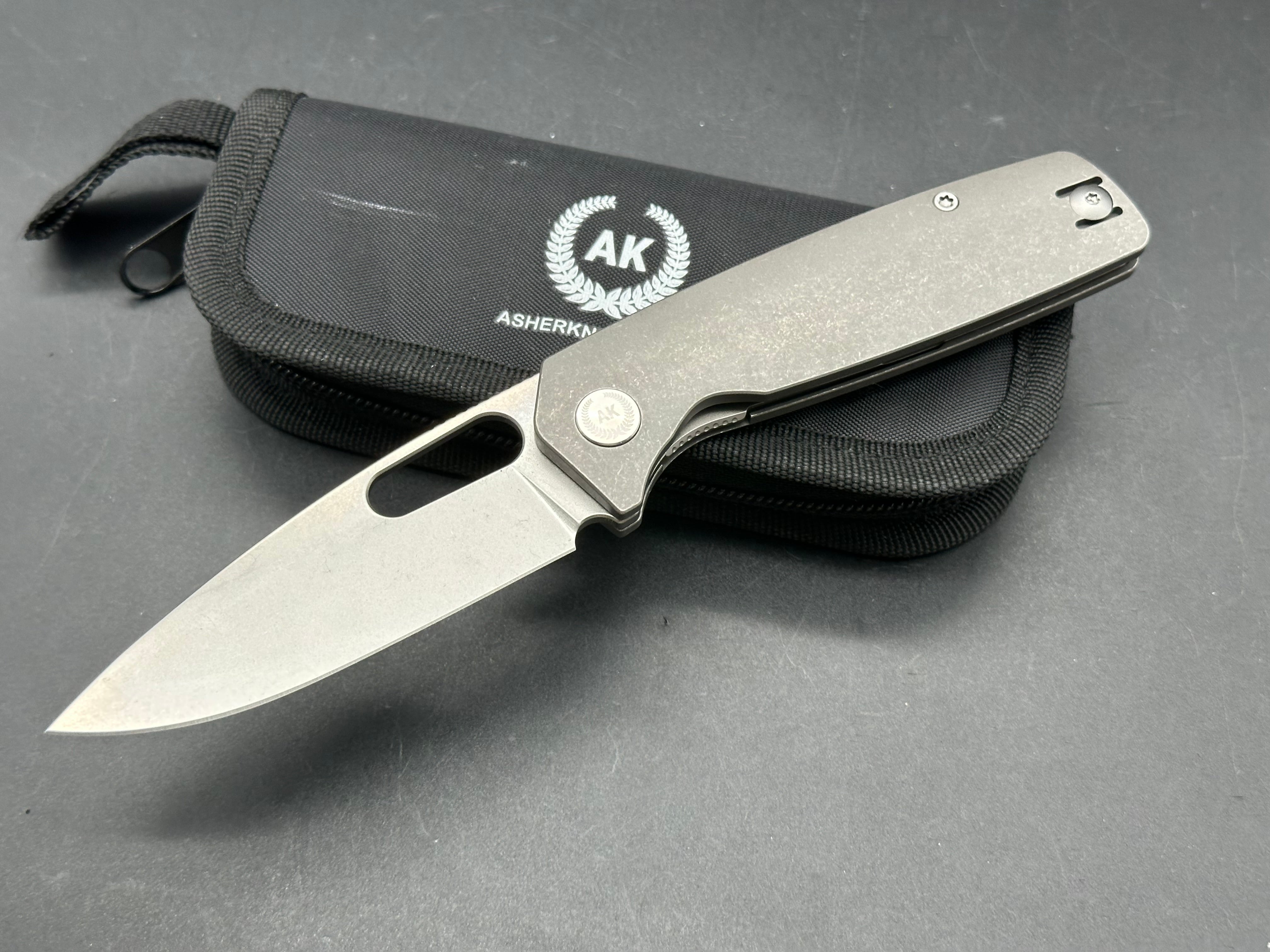 Asher Spiro Ti (NEW), 3.2" S90V Stonewash Blade with Blackwash Titanium Handle