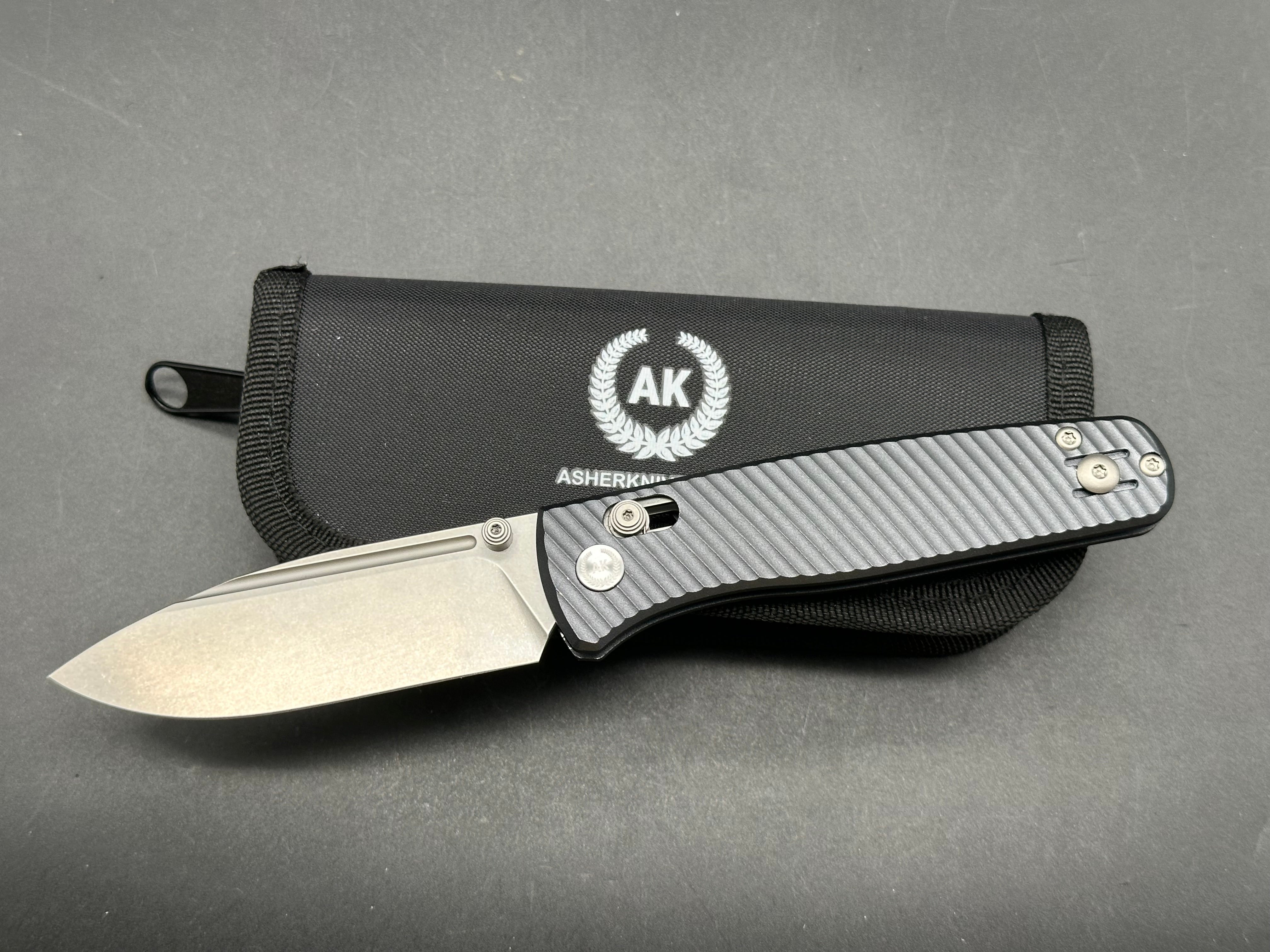Asher Nomad (NEW). 3.2" S90V Stonewash Drop Blade with Blue/Black Aluminum Handle