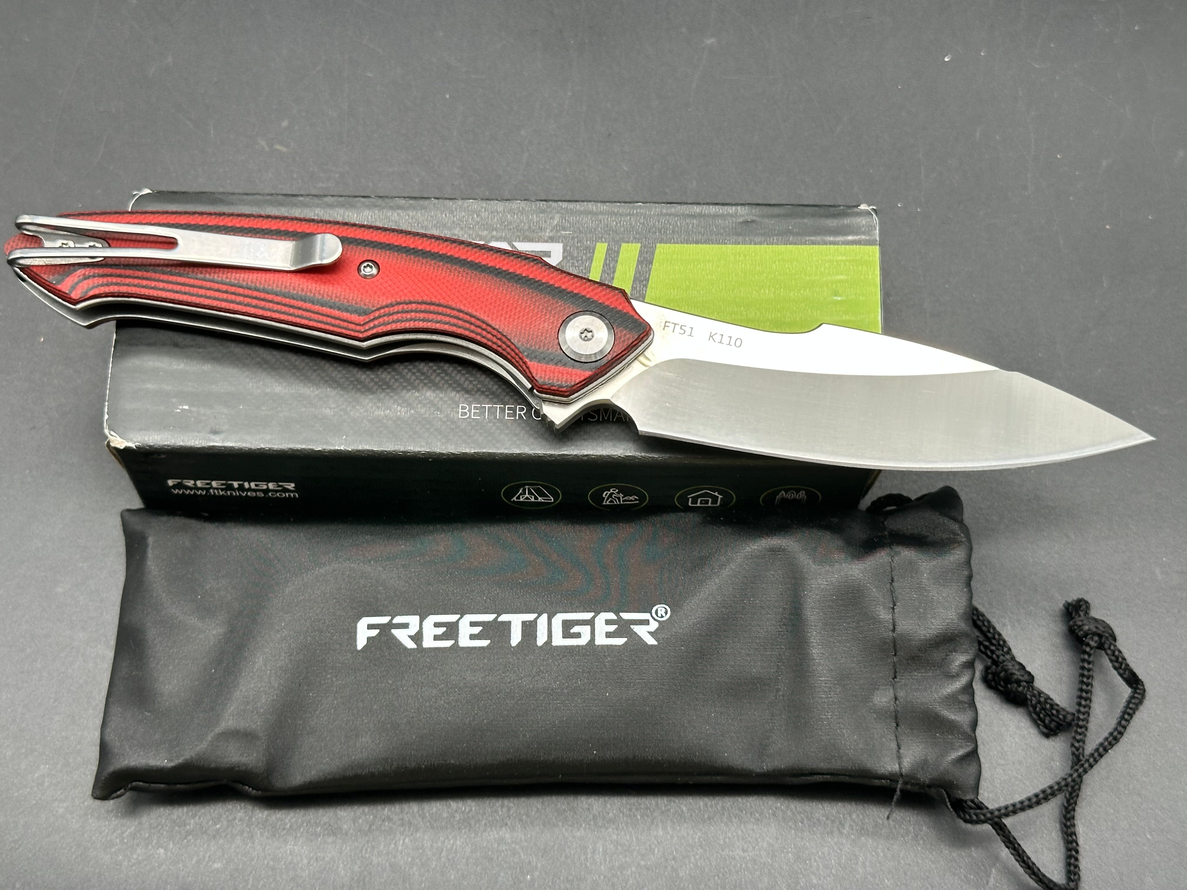 FreeTiger FT-51, 3.54" K110 Satin Blade with Red/Black G10 Handle