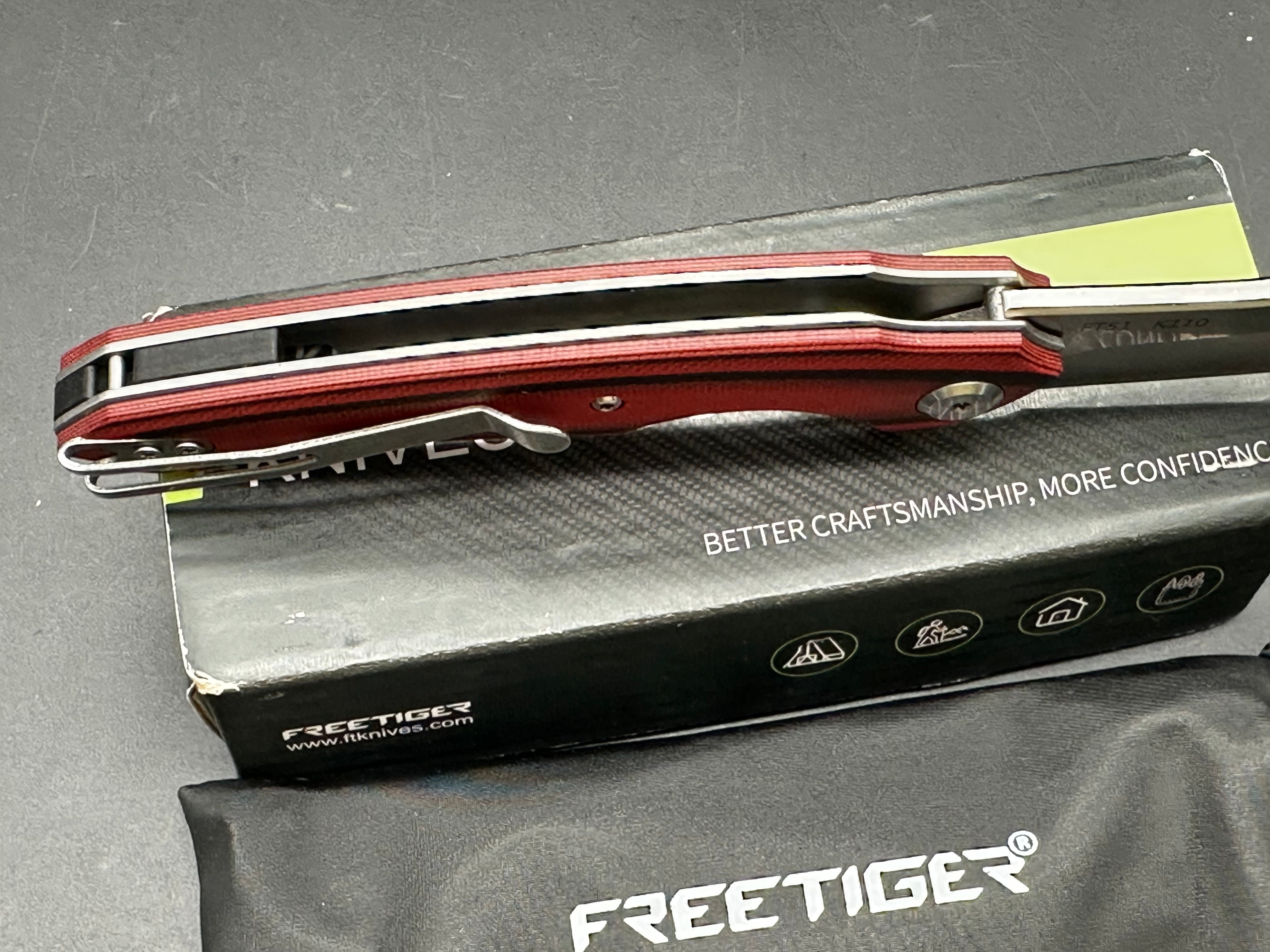 FreeTiger FT-51, 3.54" K110 Satin Blade with Red/Black G10 Handle