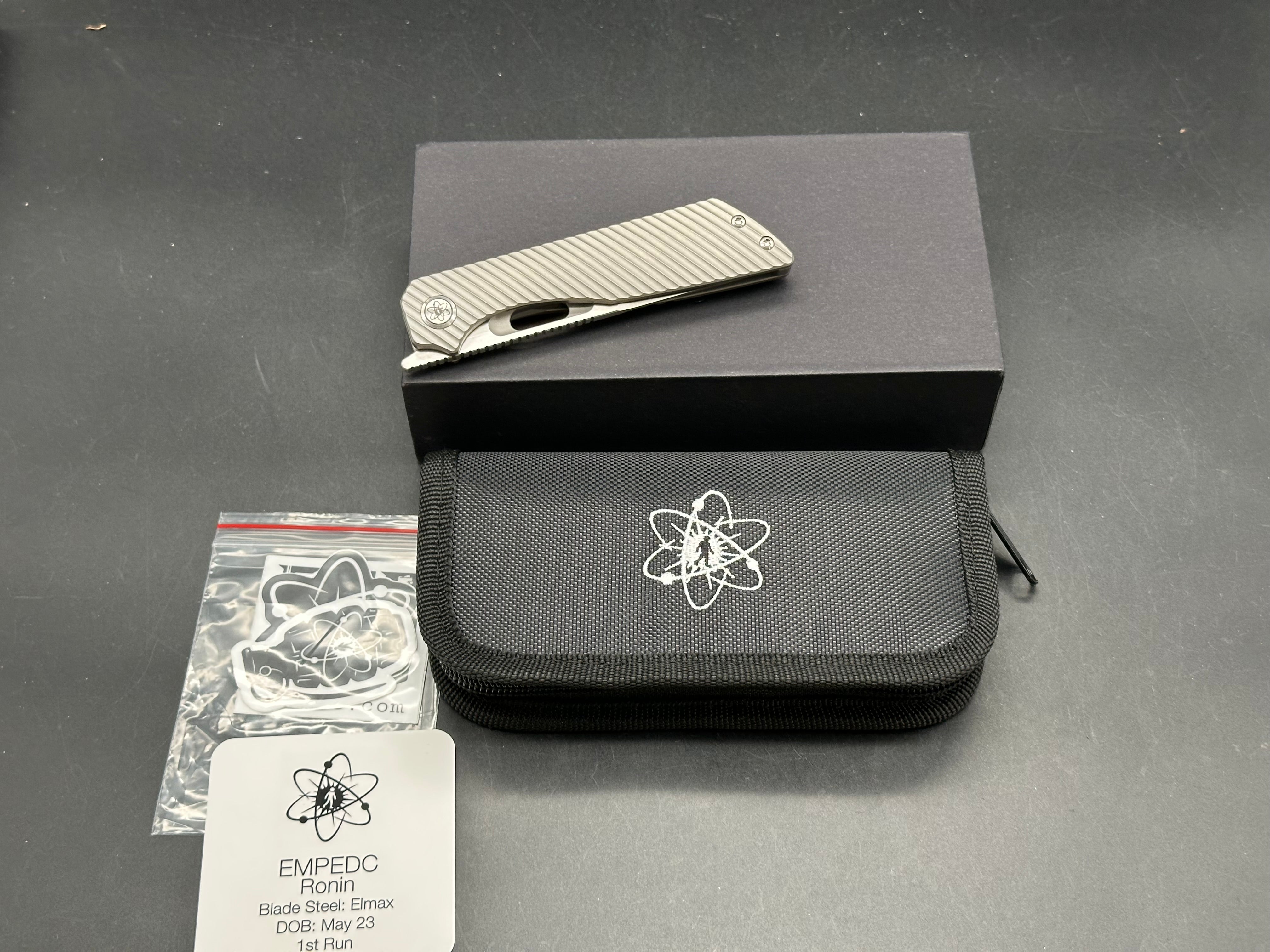 EMP EDC Ronin #079 First Run, Belt Satin Elmax Blade, Blasted Ti Handles