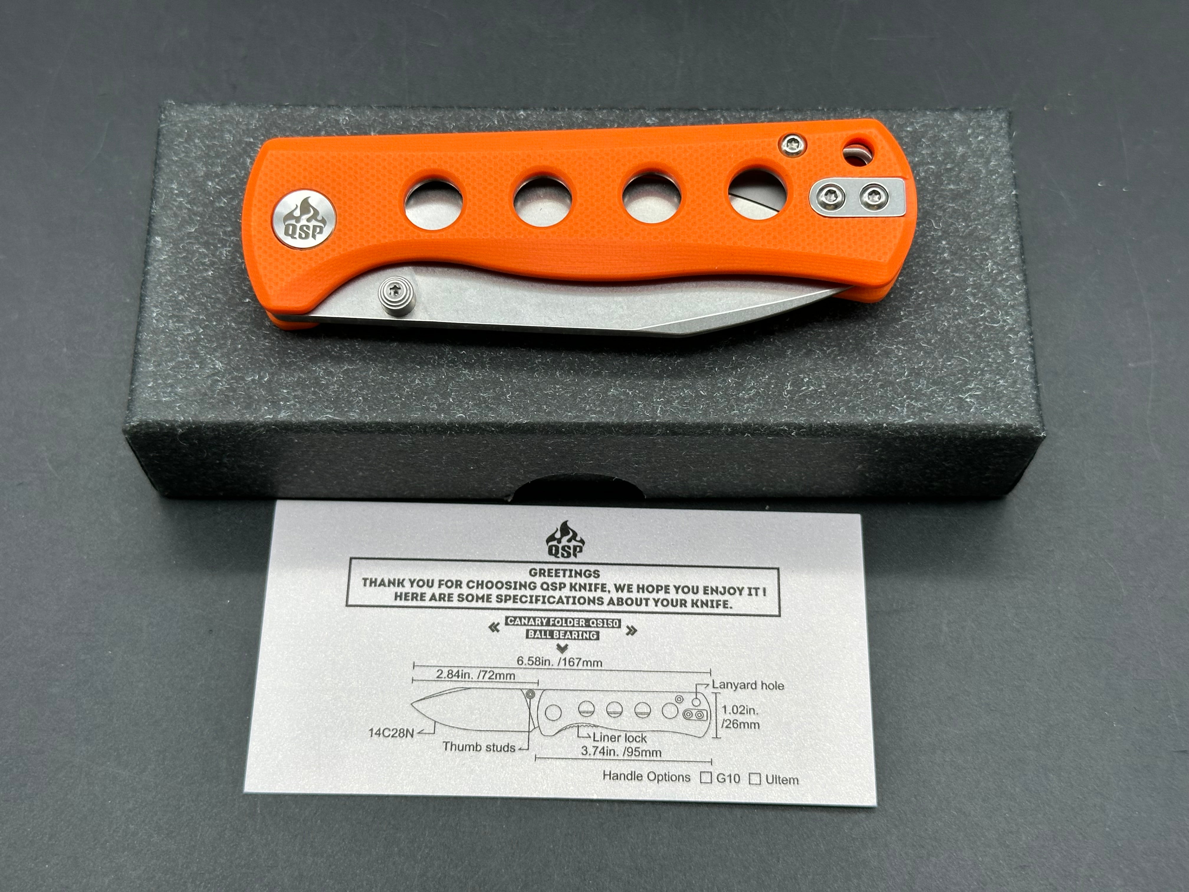 QSP Canary Folder, 2.84" 14C28N Stonewash Blade with Orange G10 Handle