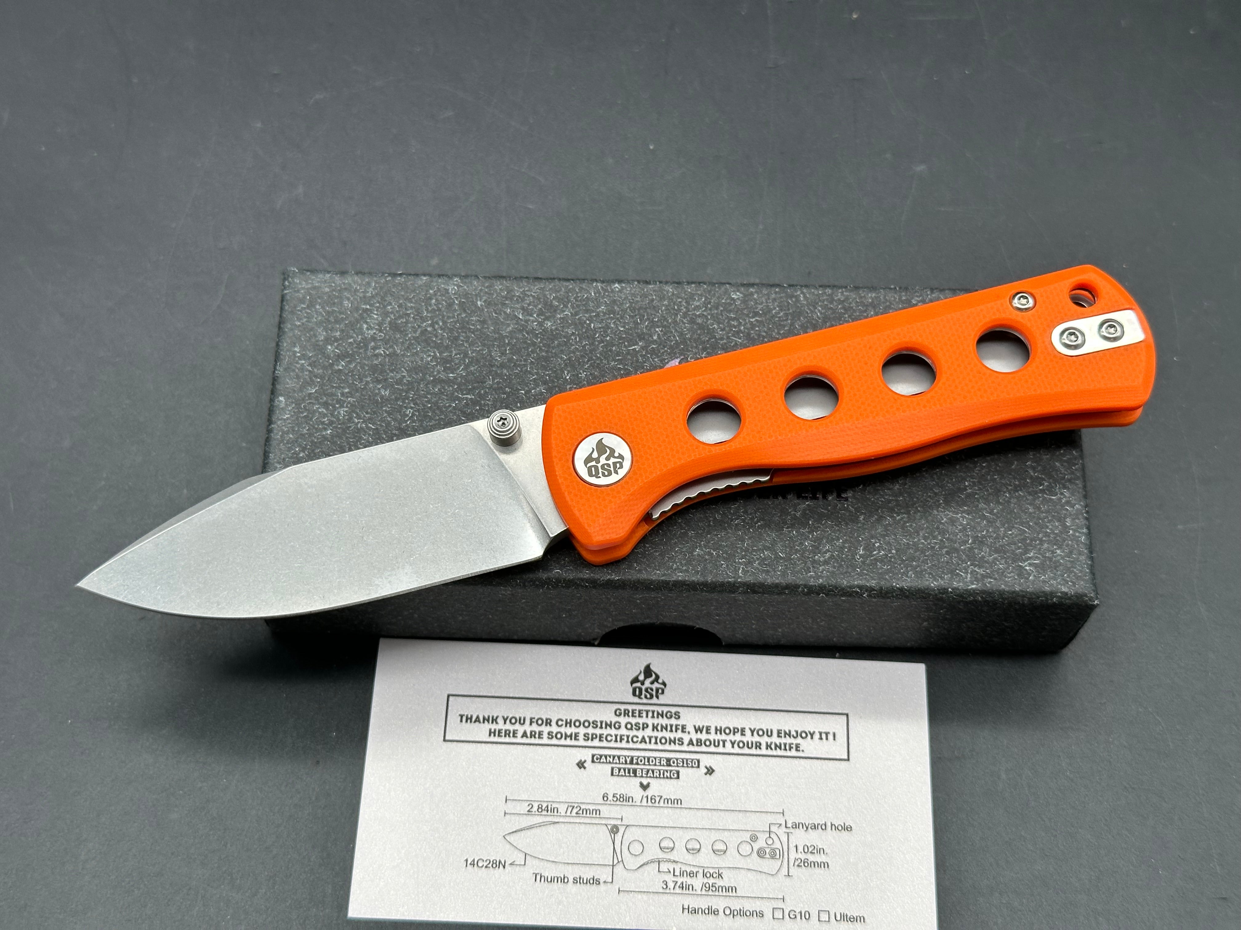 QSP Canary Folder, 2.84" 14C28N Stonewash Blade with Orange G10 Handle