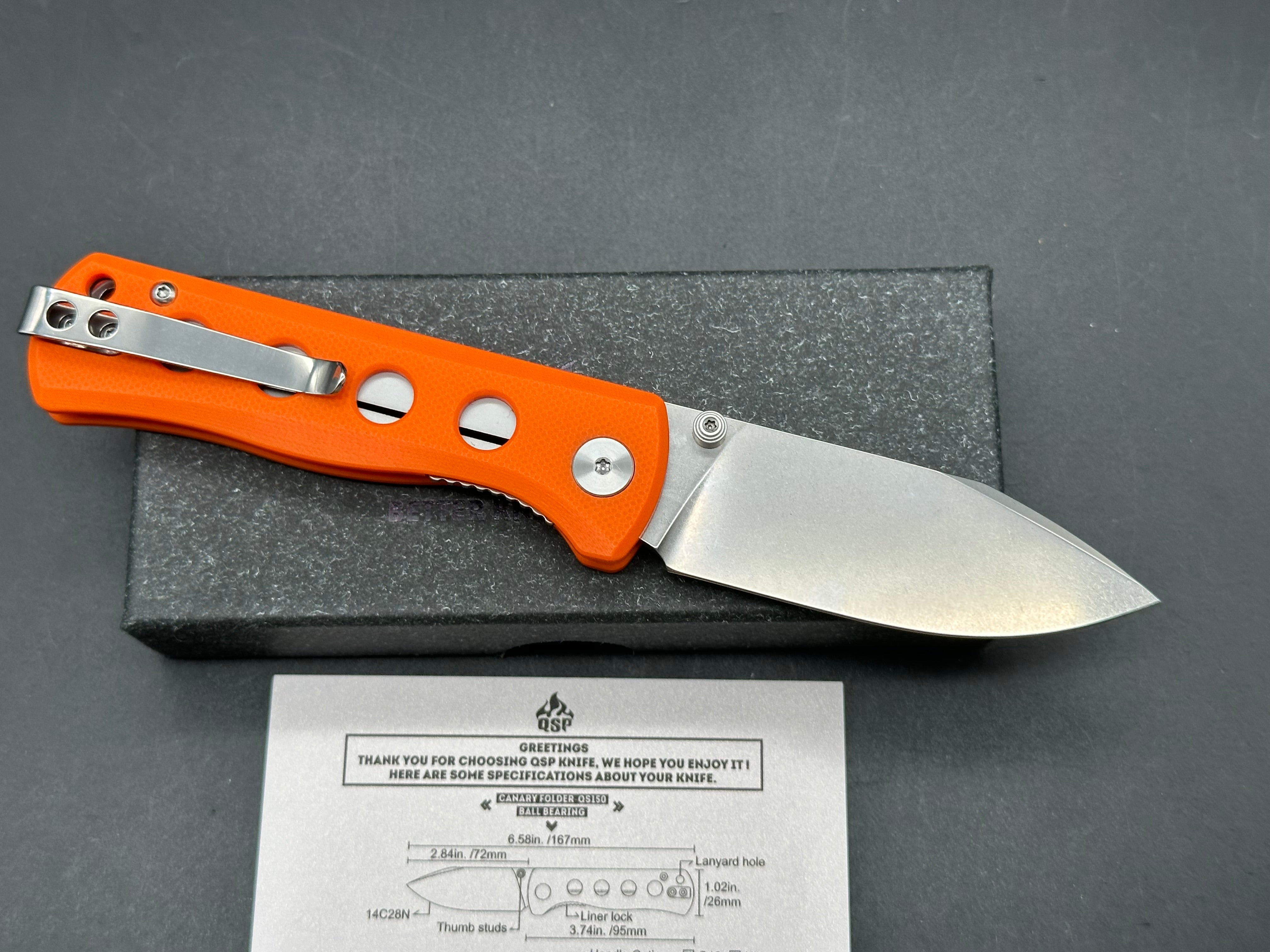 QSP Canary Folder, 2.84" 14C28N Stonewash Blade with Orange G10 Handle