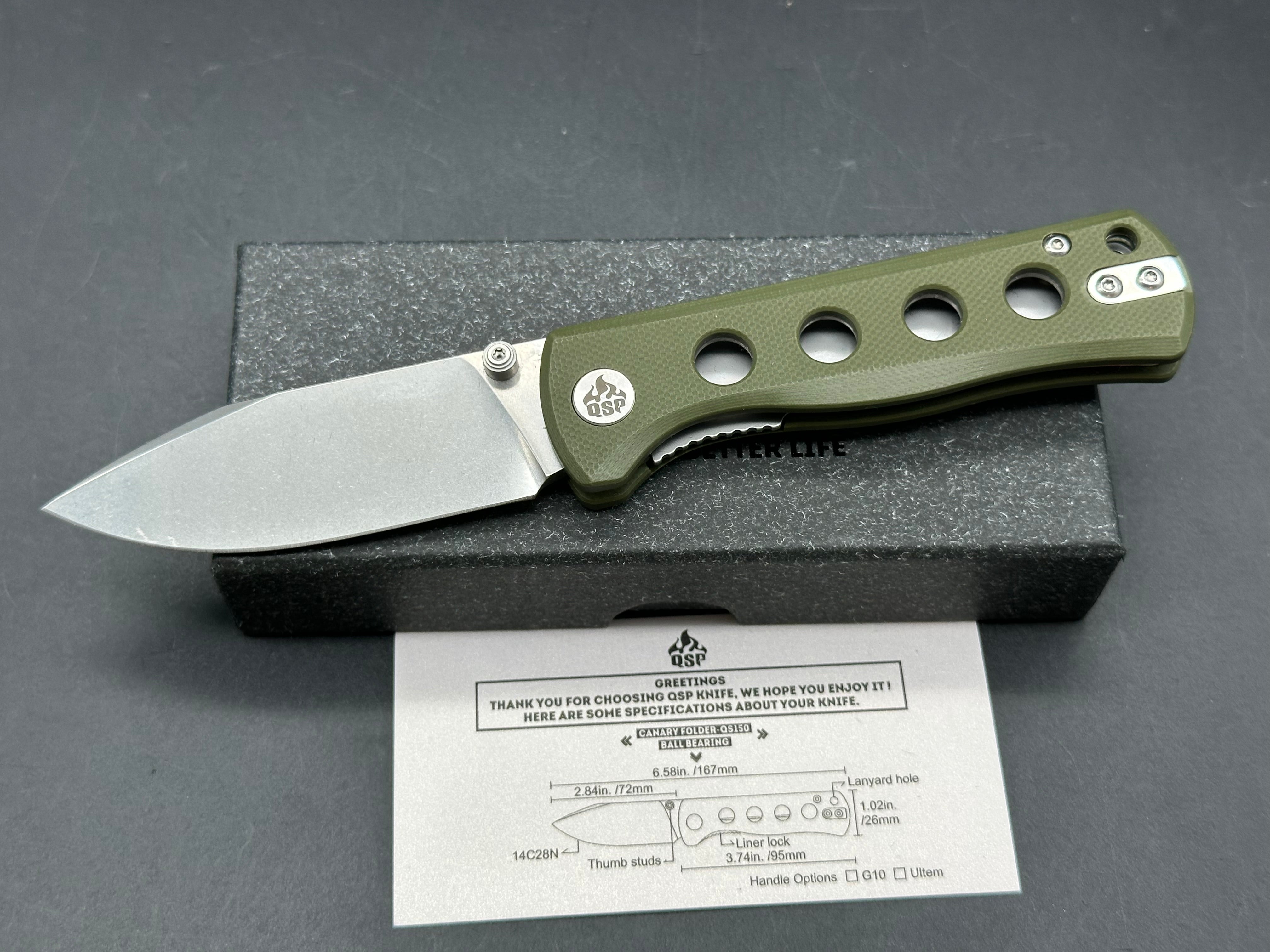 QSP Canary Folder, 2.84" 14C28N Stonewash Blade with OD Green G10 Handle