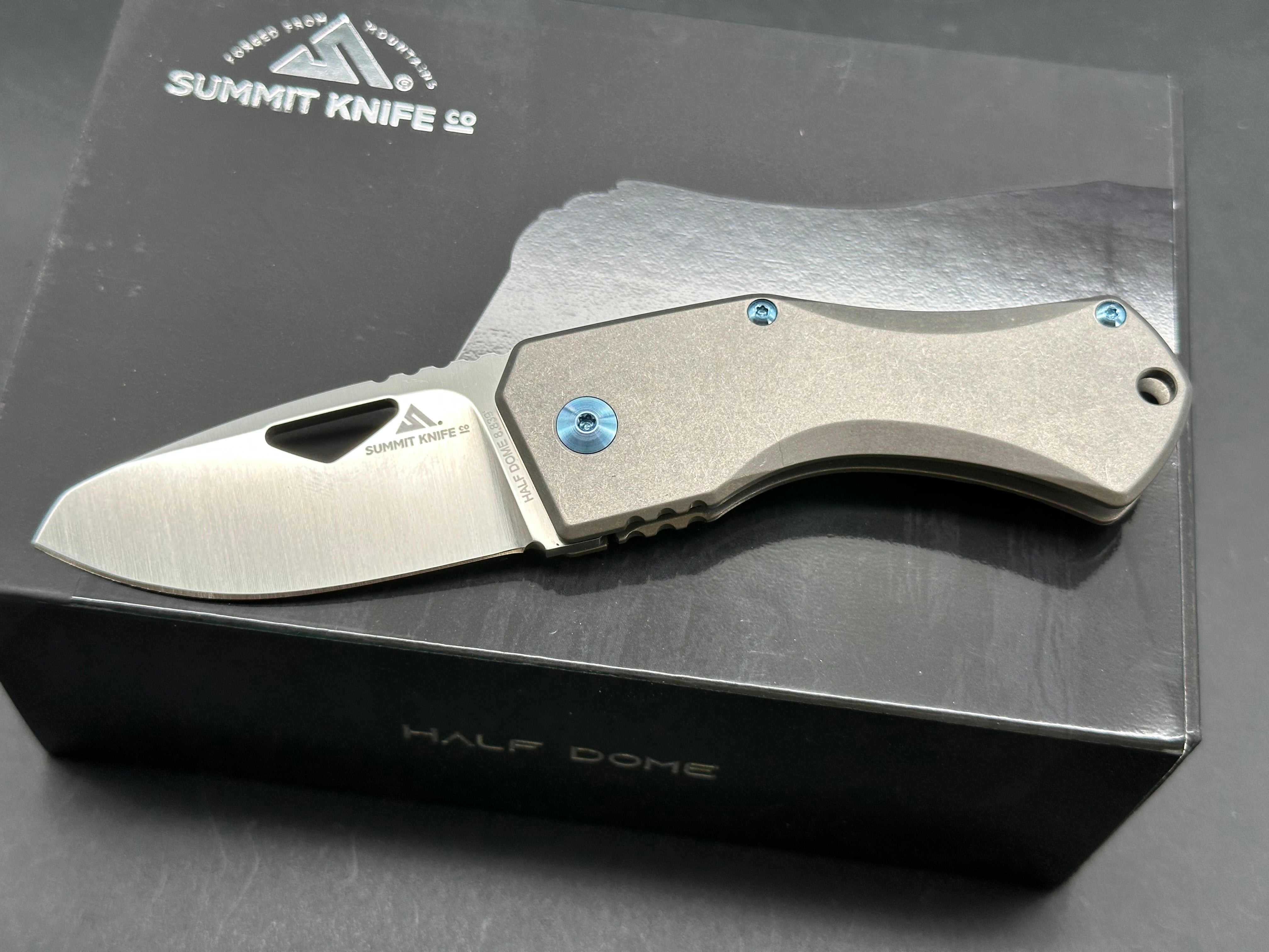 Summit Knife Co. Half Dome, Belt Satin M390 Blade, Stonewashed Ti Handles, Blue Anodized Ti Pocket Clip, Standoffs and Hardware