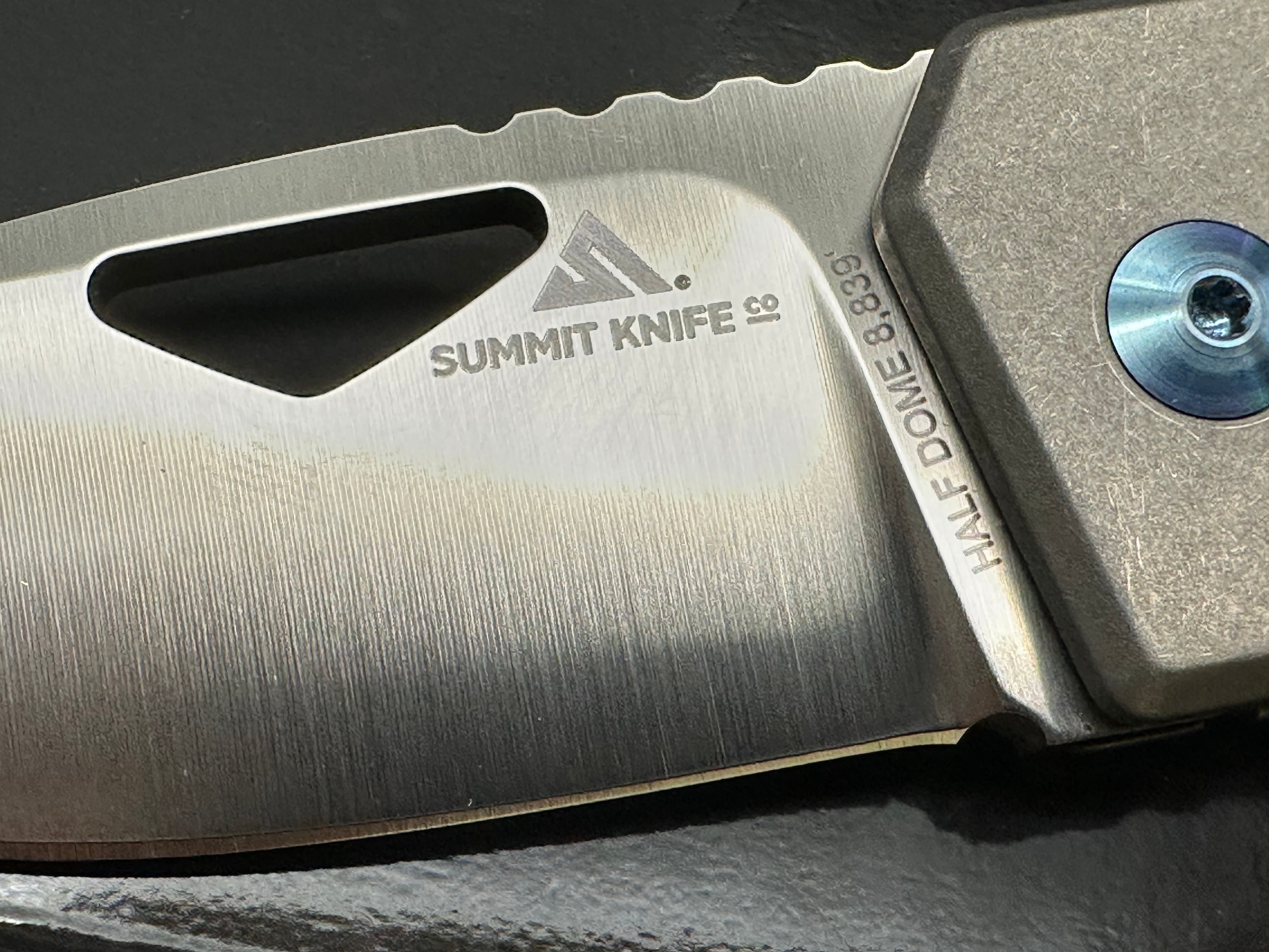 Summit Knife Co. Half Dome, Belt Satin M390 Blade, Stonewashed Ti Handles, Blue Anodized Ti Pocket Clip, Standoffs and Hardware