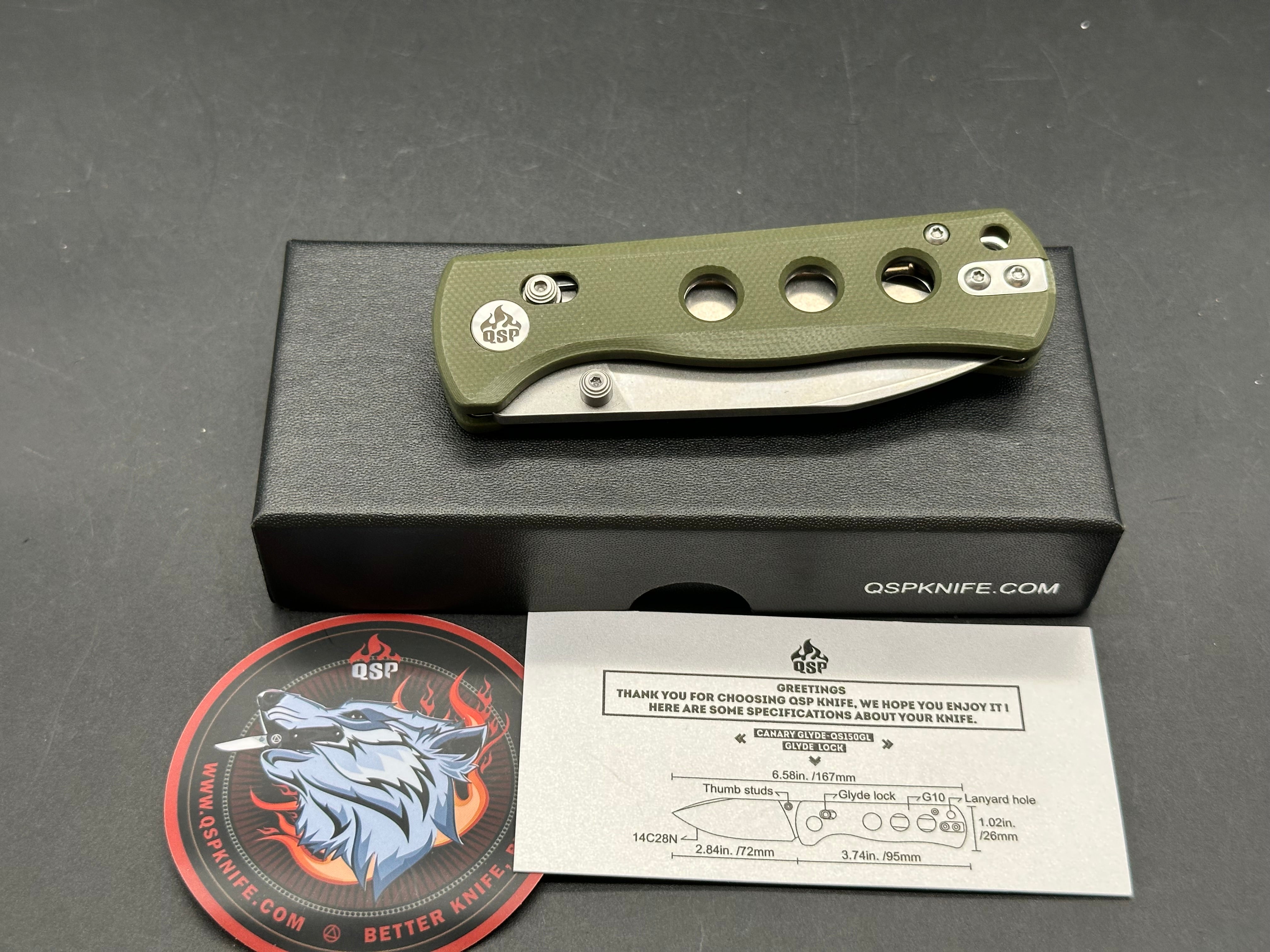 QSP Canary Folder Glyde Lock, 2.84" 14C28N Stonewash Drop Point Blade with OD Green G10 Handle