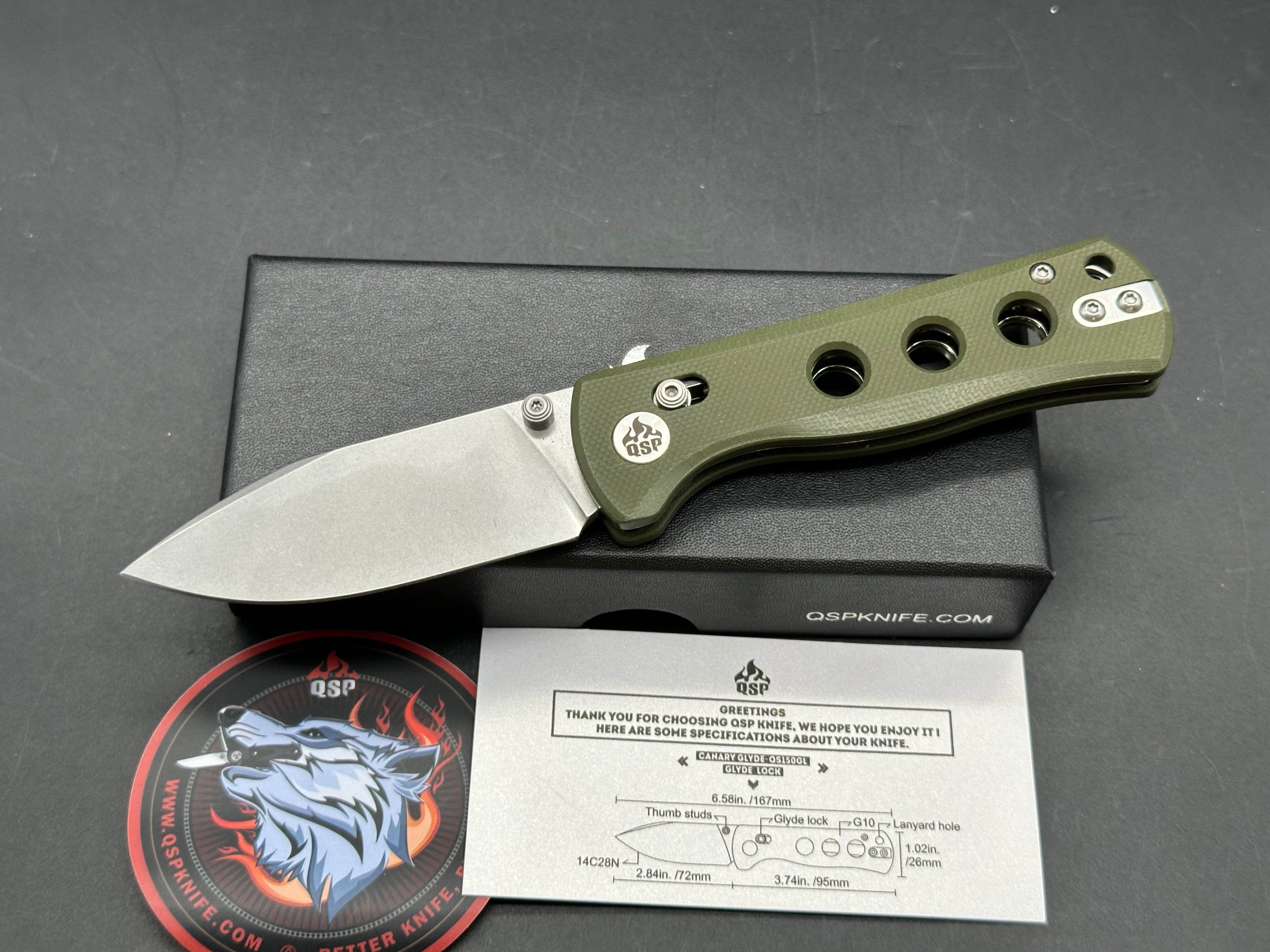 QSP Canary Folder Glyde Lock, 2.84" 14C28N Stonewash Drop Point Blade with OD Green G10 Handle