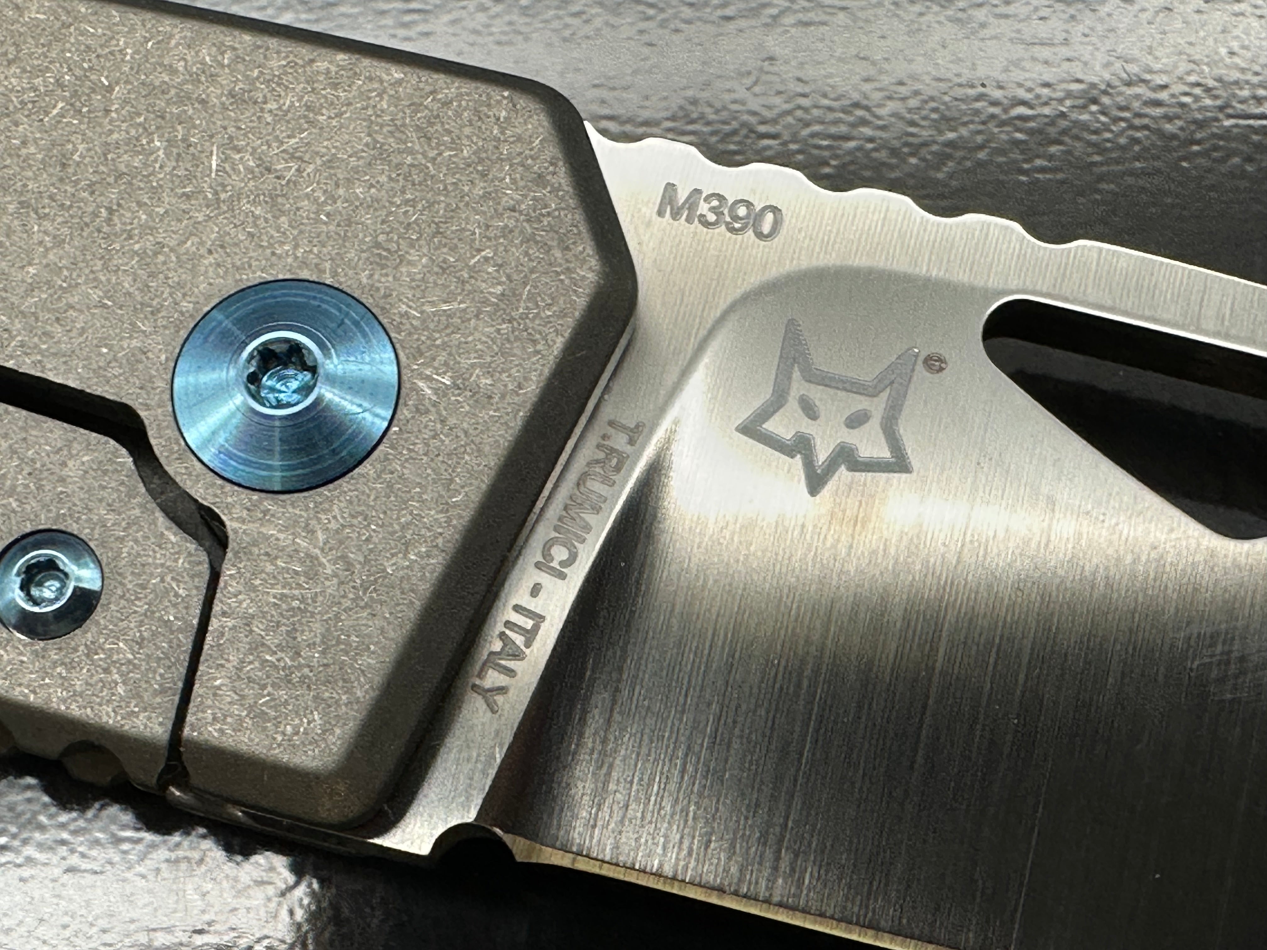 Summit Knife Co. Half Dome, Belt Satin M390 Blade, Stonewashed Ti Handles, Blue Anodized Ti Pocket Clip, Standoffs and Hardware