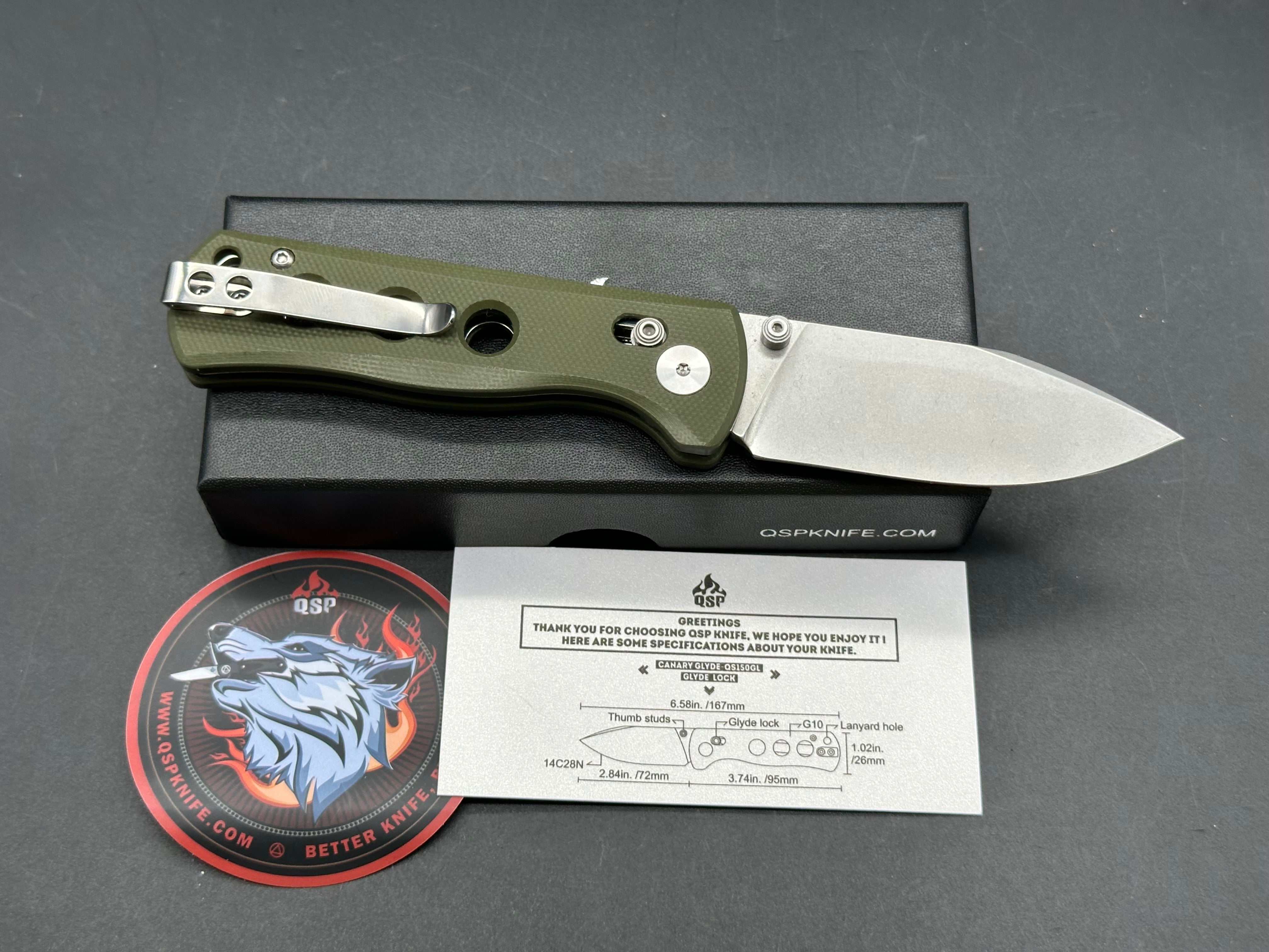 QSP Canary Folder Glyde Lock, 2.84" 14C28N Stonewash Drop Point Blade with OD Green G10 Handle