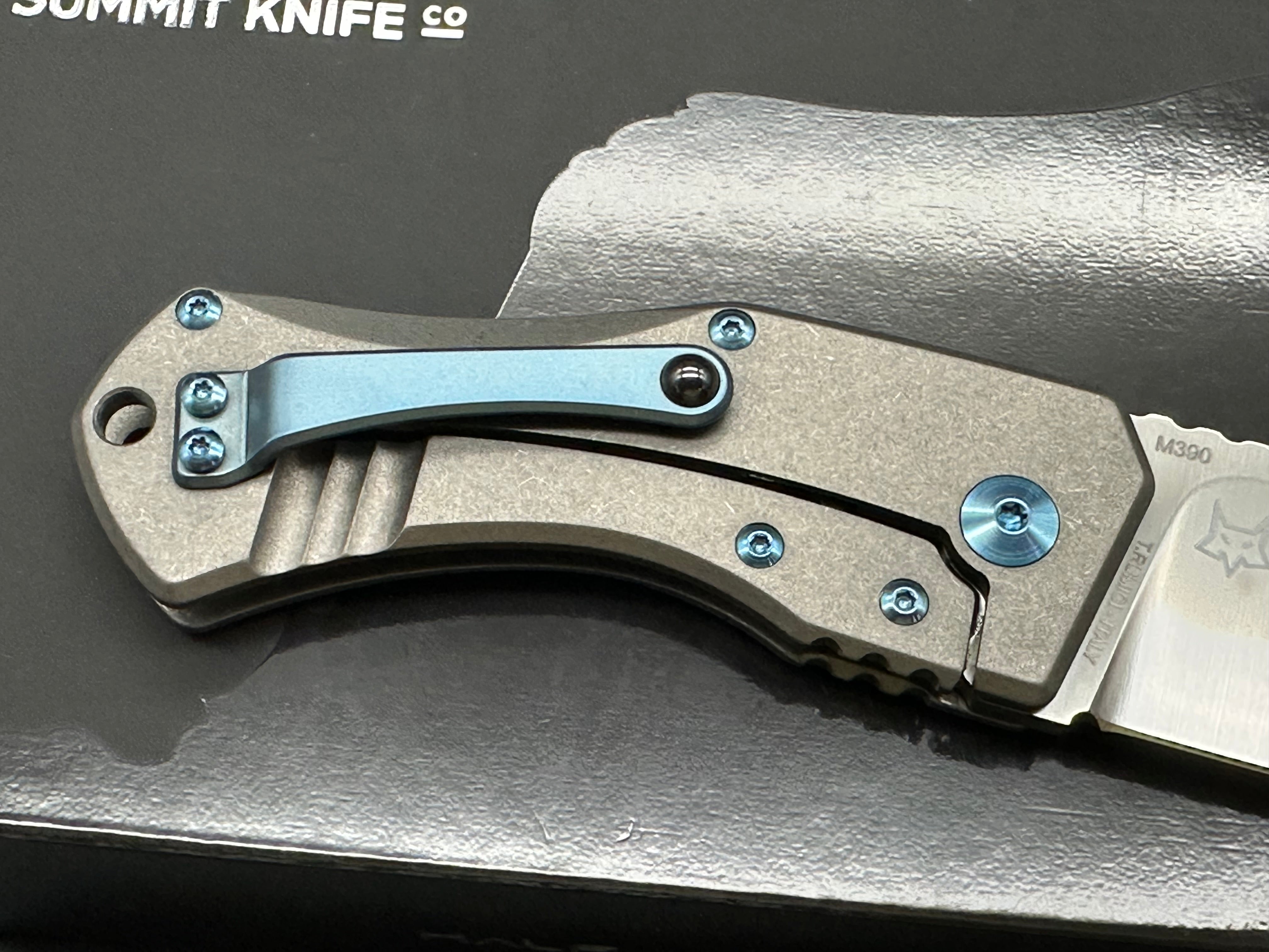 Summit Knife Co. Half Dome, Belt Satin M390 Blade, Stonewashed Ti Handles, Blue Anodized Ti Pocket Clip, Standoffs and Hardware