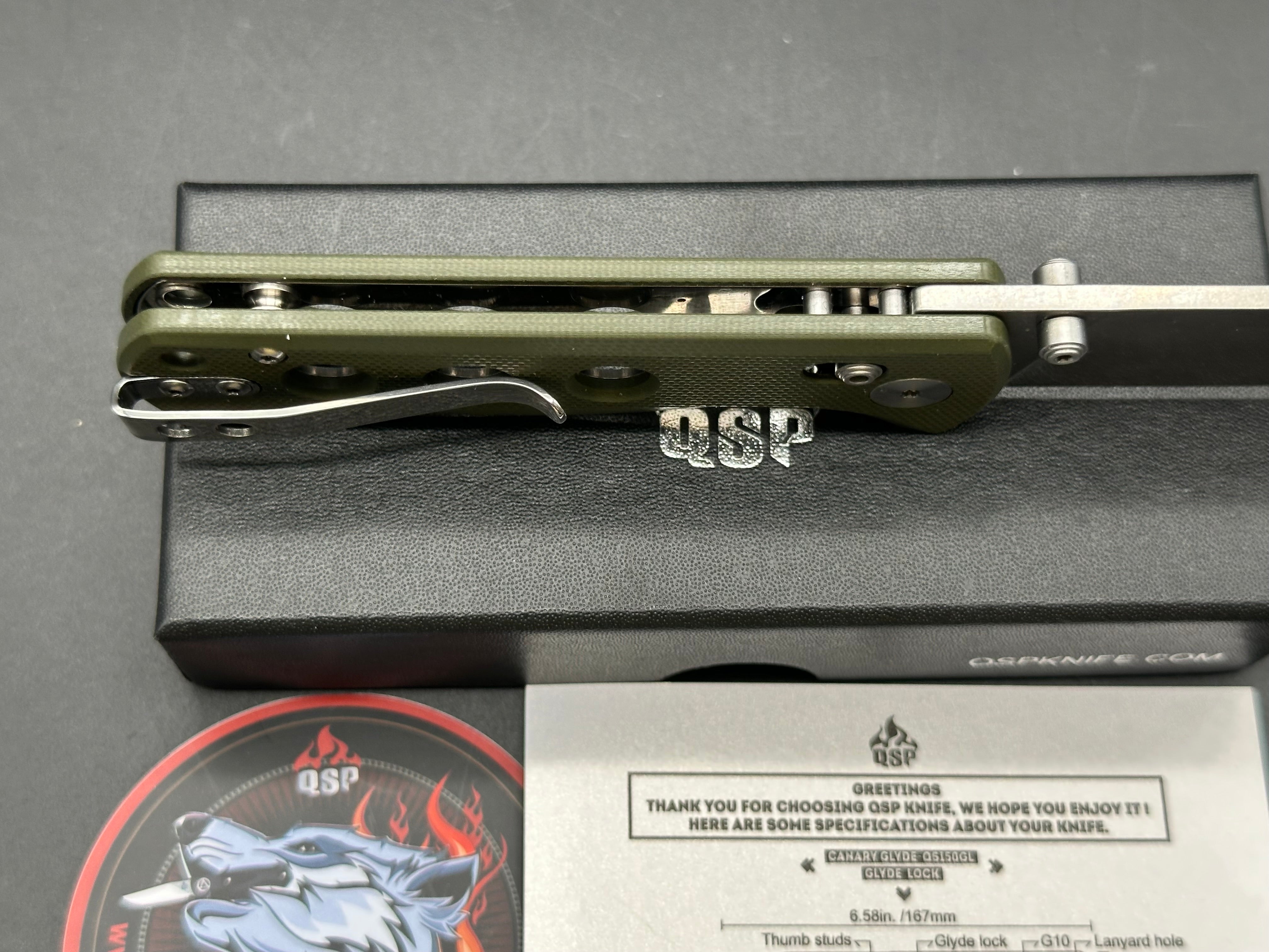 QSP Canary Folder Glyde Lock, 2.84" 14C28N Stonewash Drop Point Blade with OD Green G10 Handle